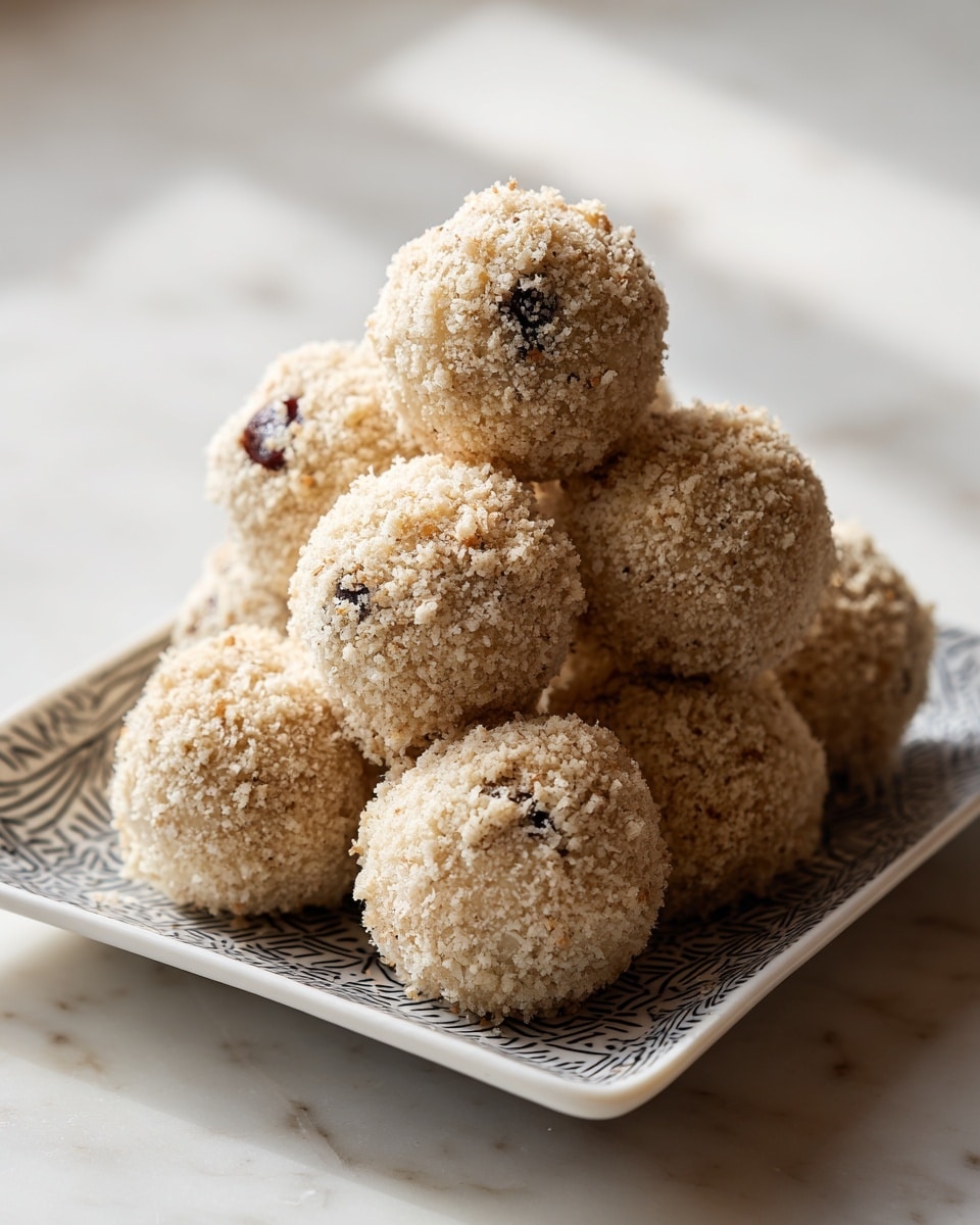 A close-up image of a pile of round, crumb-coated balls stacked on a white rectangular plate with a black patterned inside. Each ball is light beige in color with a rough texture from the breadcrumb coating, and some have dark spots showing through the crumbs. The plate is set on a white marbled surface, and the lighting creates soft shadows around the balls, emphasizing their crumbly texture. photo taken with an iphone --ar 4:5 --v 7