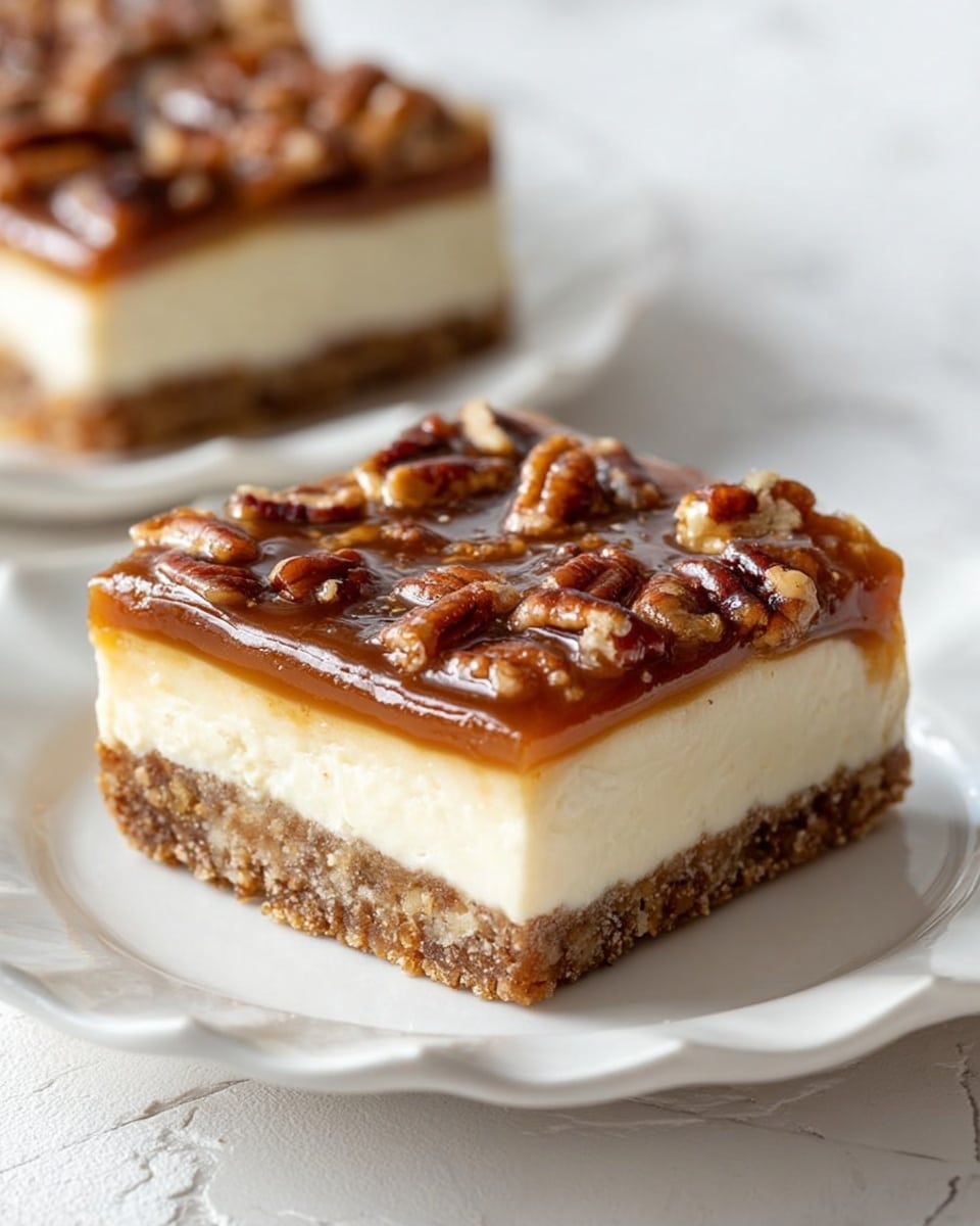A square piece of dessert with three distinct layers sits on a white plate with scalloped edges against a white marbled background. The bottom layer is a crumbly brown crust with a slightly rough texture. Above that is a thick, smooth, creamy white middle layer. The top layer is a glossy brown caramel-like topping with visible pieces of pecans spread evenly, giving a rich and nutty appearance. A blurred second piece of the dessert is visible in the background. Photo taken with an iphone --ar 4:5 --v 7