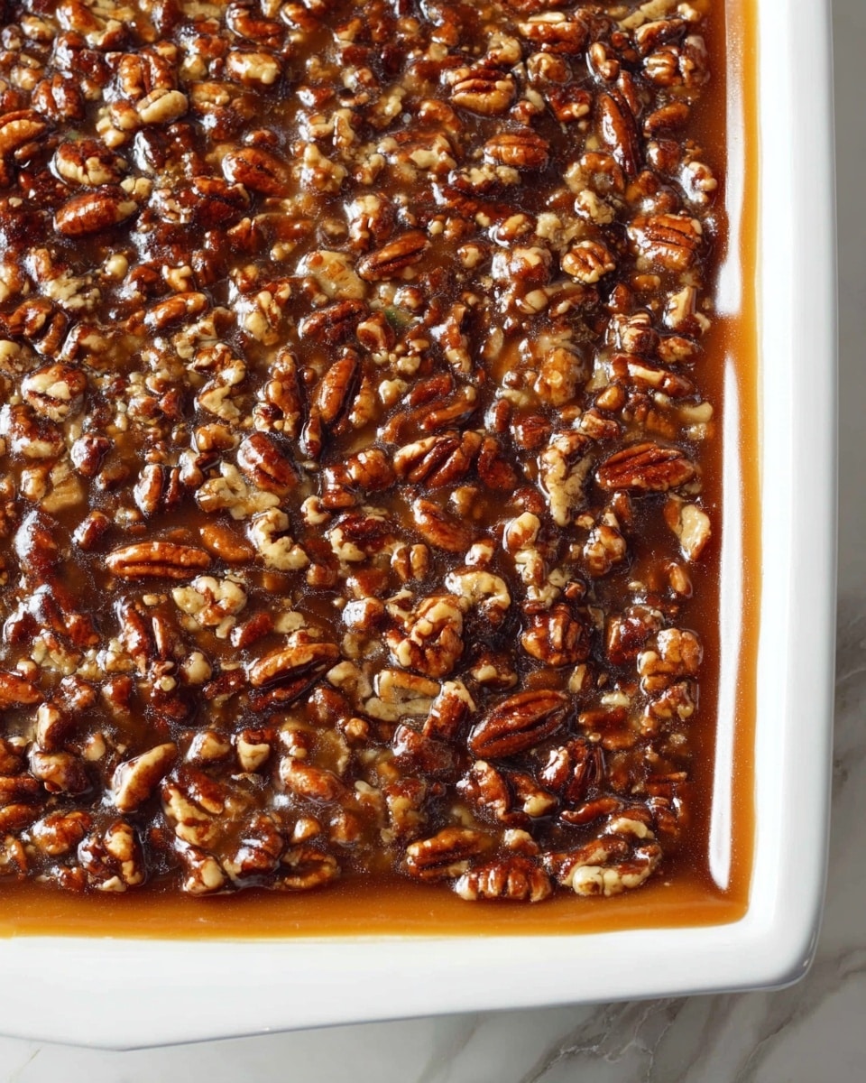 The dish is a close-up of a dessert in a white rectangular baking dish, featuring two layers. The bottom layer is a light golden crust with a smooth texture visible at the edge. The top layer is thick and glossy with a rich, dark caramel color, generously covered with whole and chopped pecans that add a rough texture with their deep brown hues. The pecans are evenly spread, creating a dense nutty surface contrast against the smooth caramel. The background is a white marbled texture. photo taken with an iphone --ar 4:5 --v 7