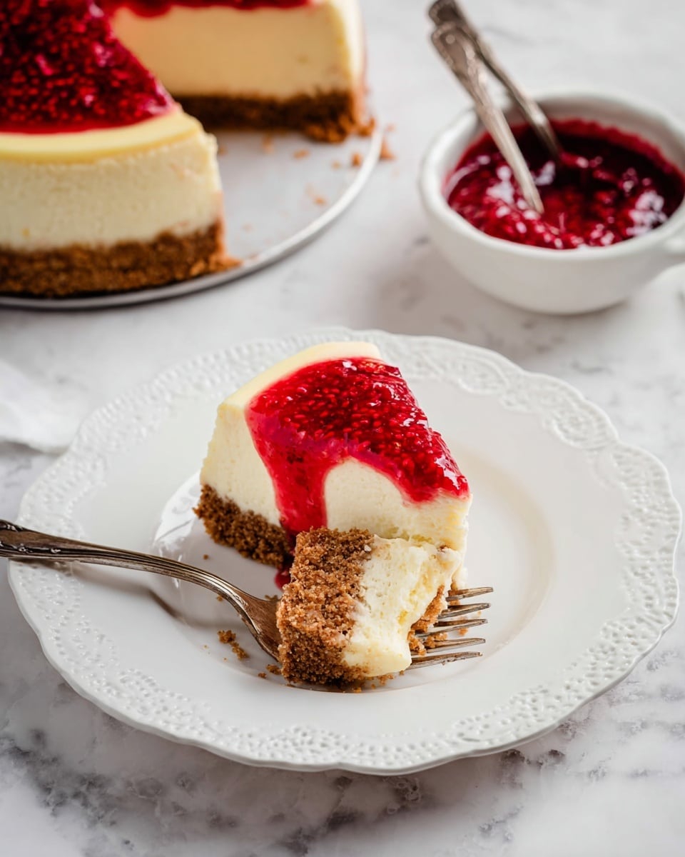 A slice of cheesecake with two thick layers sits on a white plate with a delicate raised edge pattern. The bottom layer is a dense, crumbly brown crust, while the top layer is smooth, creamy, and pale yellow. Bright red raspberry sauce with seeds is drizzled over the top and slightly dripping down the sides. A fork rests on the slice with a piece cut and partially lifted, showing the texture of both layers. In the background, part of the whole cheesecake with the same layers is visible, along with a white bowl filled with more red raspberry sauce and a spoon inside. The scene is set on a white marbled surface. photo taken with an iphone --ar 4:5 --v 7