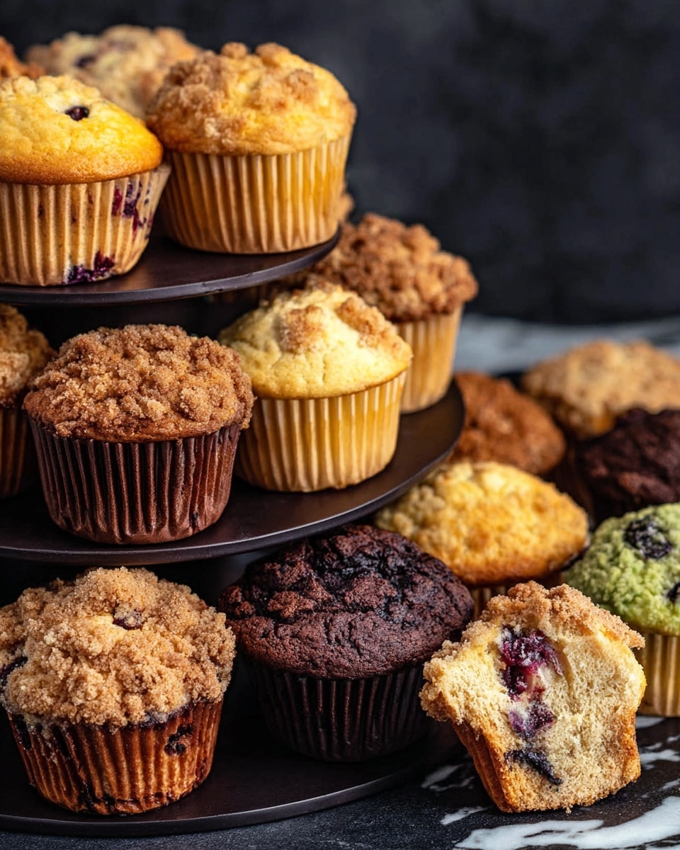 A white round stand with two levels holds an assortment of muffins, arranged in layers and scattered around the base on a white marbled surface. The top layer has five muffins including a crumb-topped brown muffin, a dark chocolate muffin, and lighter golden muffins with texture from berries or sugar crystals. The bottom layer and the base have a mix of muffins in yellow, light brown, and greenish tones with some showing blueberry pieces and sugary tops. The muffins display different textures such as crumbly tops, cracked chocolate surface, and smooth golden tops. Some muffins lean or lay on their sides showing their inner fluffy texture. The background is soft and white, highlighting the warm colors of the muffins. Photo taken with an iphone --ar 4:5 --v 7
