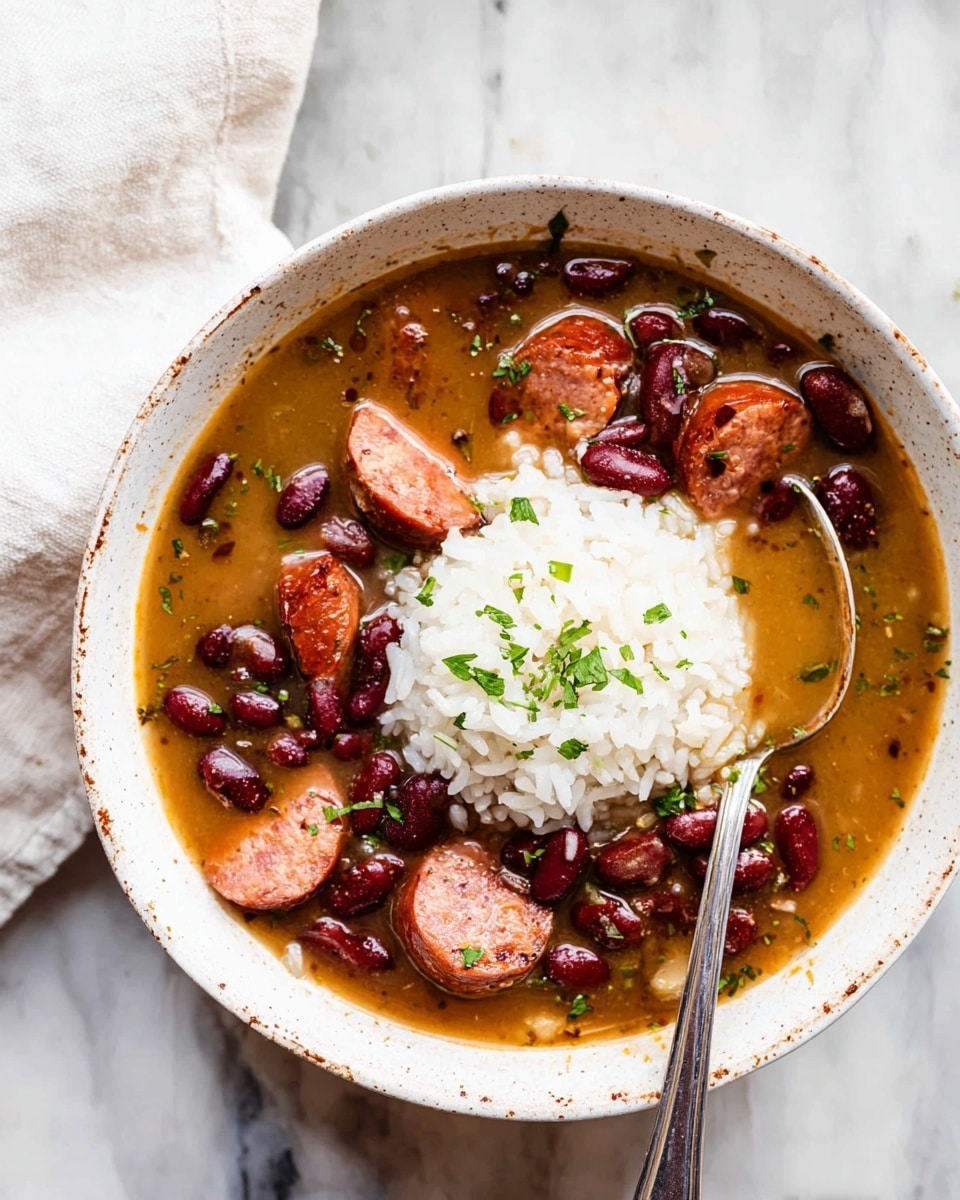 A white speckled bowl holds a stew with a golden-brown broth base filled with dark red kidney beans and several thick slices of browned sausage that float near the surface. In the center, a mound of white rice sits, topped with finely chopped green herbs. A silver spoon rests on the right inside edge of the bowl. The bowl is set on a white marbled textured surface with a white cloth napkin slightly visible at the top left corner. photo taken with an iphone --ar 4:5 --v 7