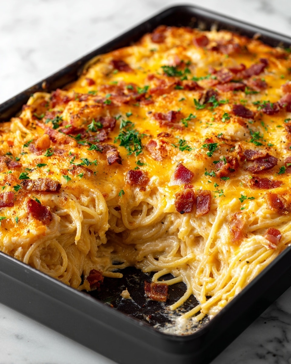 This image shows a close-up of a baked pasta dish inside a black rectangular baking pan. The dish has thick, creamy layers of spaghetti noodles coated in rich cheese sauce. On top, melted orange-yellow cheddar cheese covers the pasta in a bubbly, golden layer, with crispy, browned bacon pieces scattered across. Small green parsley leaves are sprinkled on top, adding a fresh touch of color. The edge of the pan shows a portion missing, revealing the thick, cheesy, and creamy inside of the pasta. The surface under the pan is a white marbled texture. photo taken with an iphone --ar 4:5 --v 7