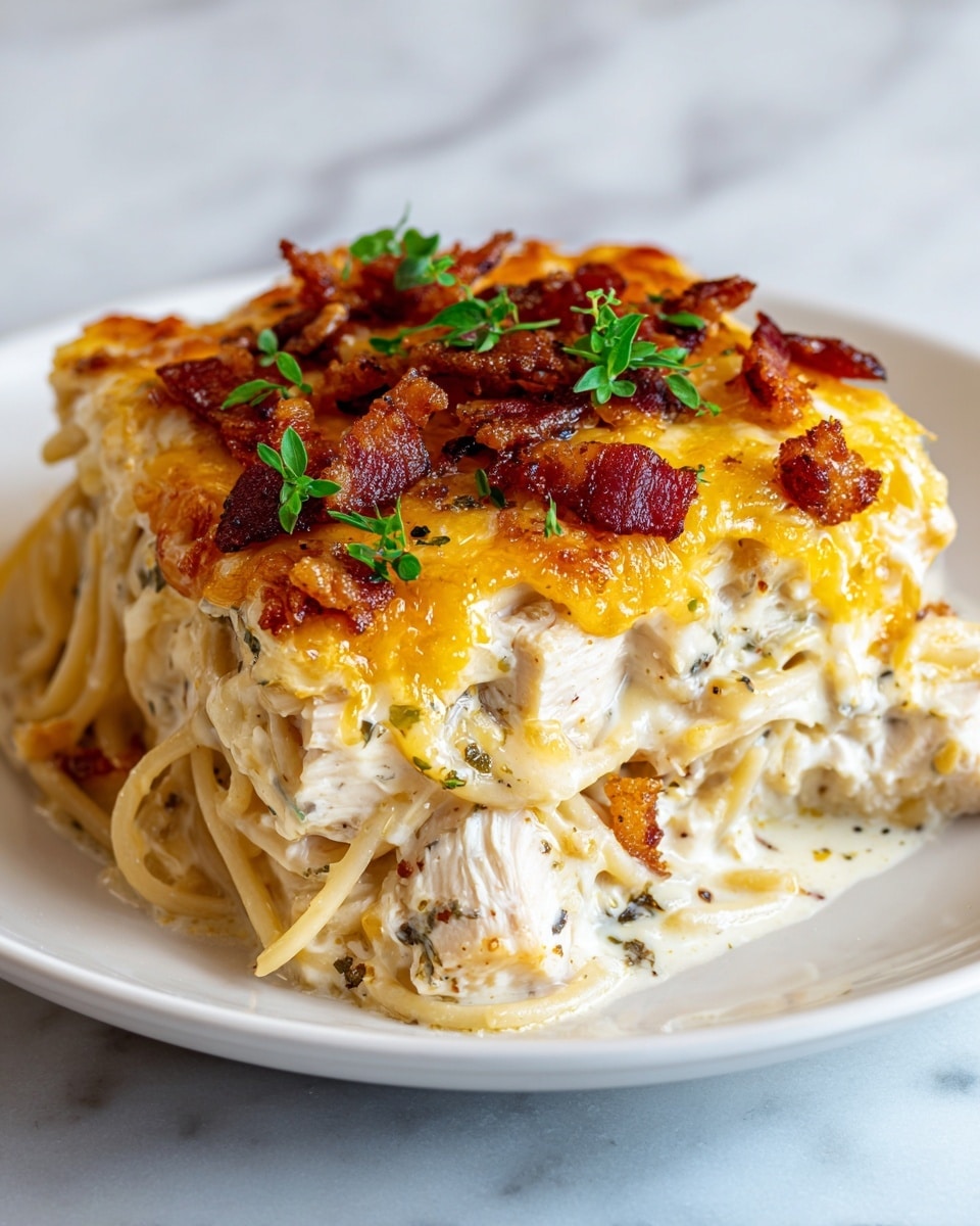 A close-up of a creamy baked pasta dish on a white plate showing three main layers; the bottom layer is soft cooked spaghetti in a white creamy sauce with visible small black pepper specks, the middle layer is tender pieces of white chicken mixed into the pasta, and the top layer is a browned golden yellow melted cheese with crispy reddish-brown bacon bits scattered over it, garnished with a few bright green fresh herb leaves. The plate sits on a white marbled textured surface. Photo taken with an iphone --ar 4:5 --v 7