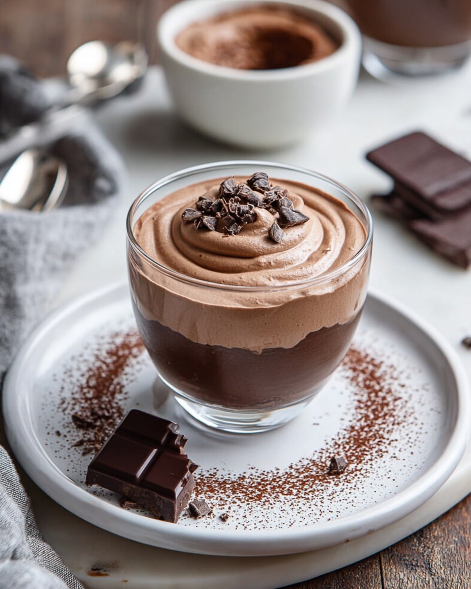A glass cup sits in the center of a white patterned plate, filled with two layers of chocolate mousse; the bottom layer is dark brown and smooth, topped with a lighter brown, creamy swirled mousse layer. On the top, there are small chocolate chunks and a sprinkle of fine cocoa powder forming a circle around the base of the glass on the plate. A large square piece of chocolate with a bite taken out rests near the glass on the plate. The setting is on a white marbled surface with a blurred cup of chocolate mousse in the background and a silver spoon laying nearby. photo taken with an iphone --ar 4:5 --v 7