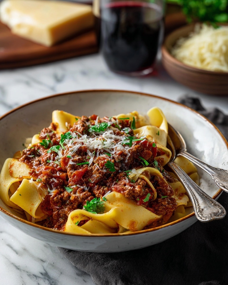 A deep white bowl holds wide, flat pasta ribbons layered with chunky, rich brown meat sauce mixed with red tomato bits, topped with light sprinkles of grated white cheese and fresh green parsley leaves. The pasta's smooth creamy yellow texture peeks through the meat sauce, and a fork and spoon rest inside the bowl on the right side. The scene is set on a white marbled surface with a blurred bowl of shredded cheese, a wedge of cheese, and a glass of dark red wine in the background. photo taken with an iphone --ar 4:5 --v 7