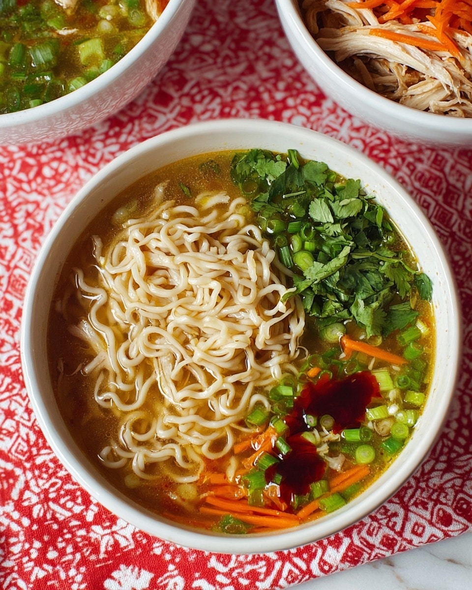 A white bowl filled with a noodle soup that has three main sections in the broth: the top right side has chopped fresh green cilantro with a few bits of chicken visible, the bottom right side shows bright green chopped scallions mixed with thin orange carrot strips and a small drizzle of dark red sauce, while the left side has a pile of light beige cooked noodles resting on top of the light brown broth. The bowl is set on a red and white patterned cloth, with parts of two other white bowls and their contents visible at the top edges. The background and surface have a white marbled texture. photo taken with an iphone --ar 4:5 --v 7