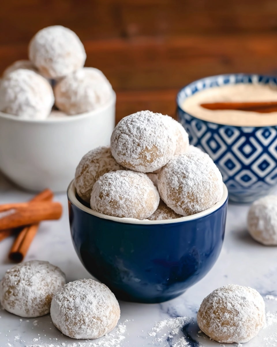 A group of small round cookies covered in white powdered sugar, stacked inside a white cup with a dark blue outside, with more cookies scattered around it on a wooden surface. In the background, there is another white cup with similar cookies inside and a white bowl with a blue geometric pattern, partially filled with a creamy dip and a single cookie dipped in it. Some cinnamon sticks lie on the surface near the cups and bowl, with the entire scene set on a white marbled texture. photo taken with an iphone --ar 4:5 --v 7
