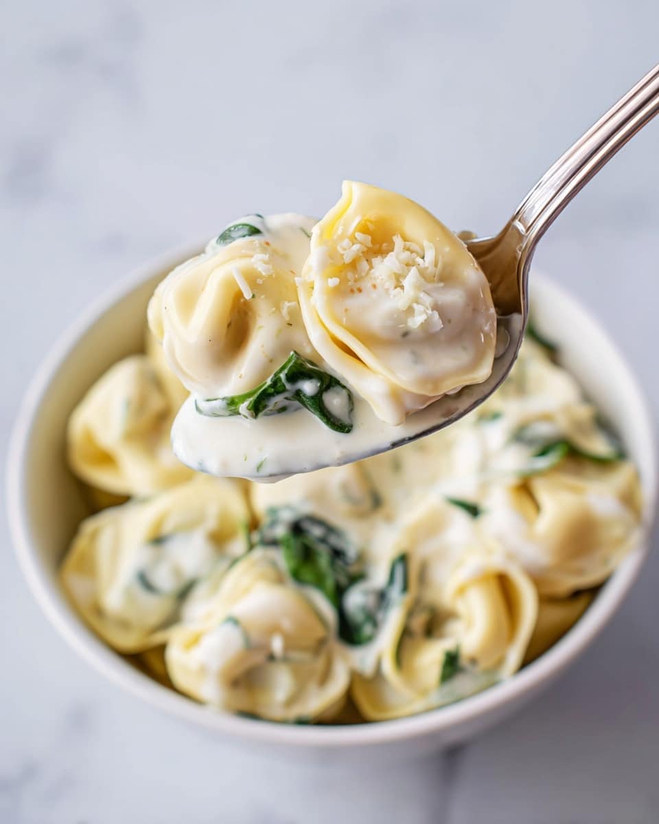 A close-up view of a spoon holding one piece of tortellini pasta covered in thick, creamy white sauce. The tortellini has a smooth, folded texture with small flakes of white cheese sprinkled on top. Small green spinach leaves are mixed into the sauce, adding a touch of color. The spoon is held above a white bowl filled with more tortellini in the same creamy sauce with visible pieces of spinach and cheese flakes. The background is a white marbled texture. photo taken with an iphone --ar 4:5 --v 7