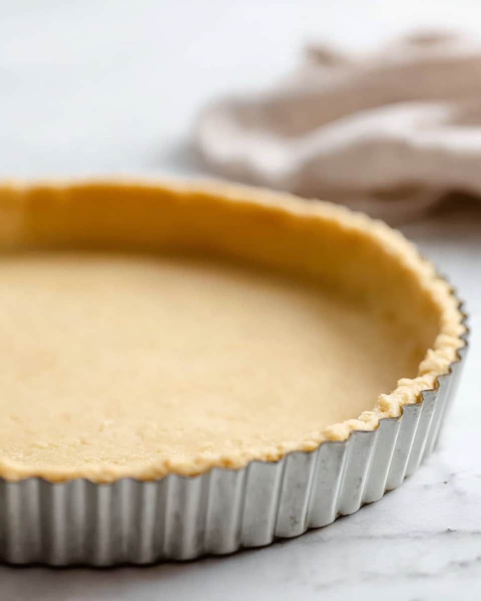 A close-up view of an unbaked tart crust evenly pressed inside a silver fluted tart pan. The crust is light golden and smooth in texture, filling the entire base and sides of the pan with neat fluted edges. The tart pan sits on a white marbled surface, and a soft beige cloth is blurred in the background. The lighting is bright and natural, highlighting the smooth and slightly crumbly texture of the dough. Photo taken with an iphone --ar 4:5 --v 7