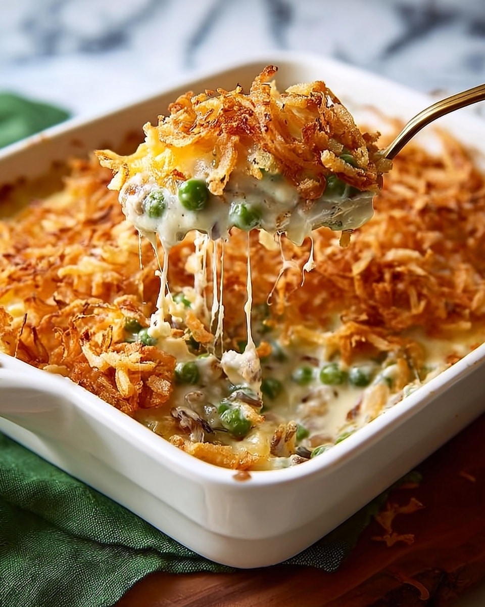 A white rectangular dish filled with a creamy casserole that has three visible layers: a base layer of creamy sauce with peas and small chunks, a middle layer of melted cheese with a gooey, stretchy texture, and a thick, golden-brown crispy onion topping that is scattered unevenly on top. A spoon is lifting some of the casserole from the dish, showing the melted cheese stretching between the dish and the spoon. The dish sits on a wooden surface with a blurry white marbled background, and a green cloth is partially visible underneath the dish. Photo taken with an iphone --ar 4:5 --v 7