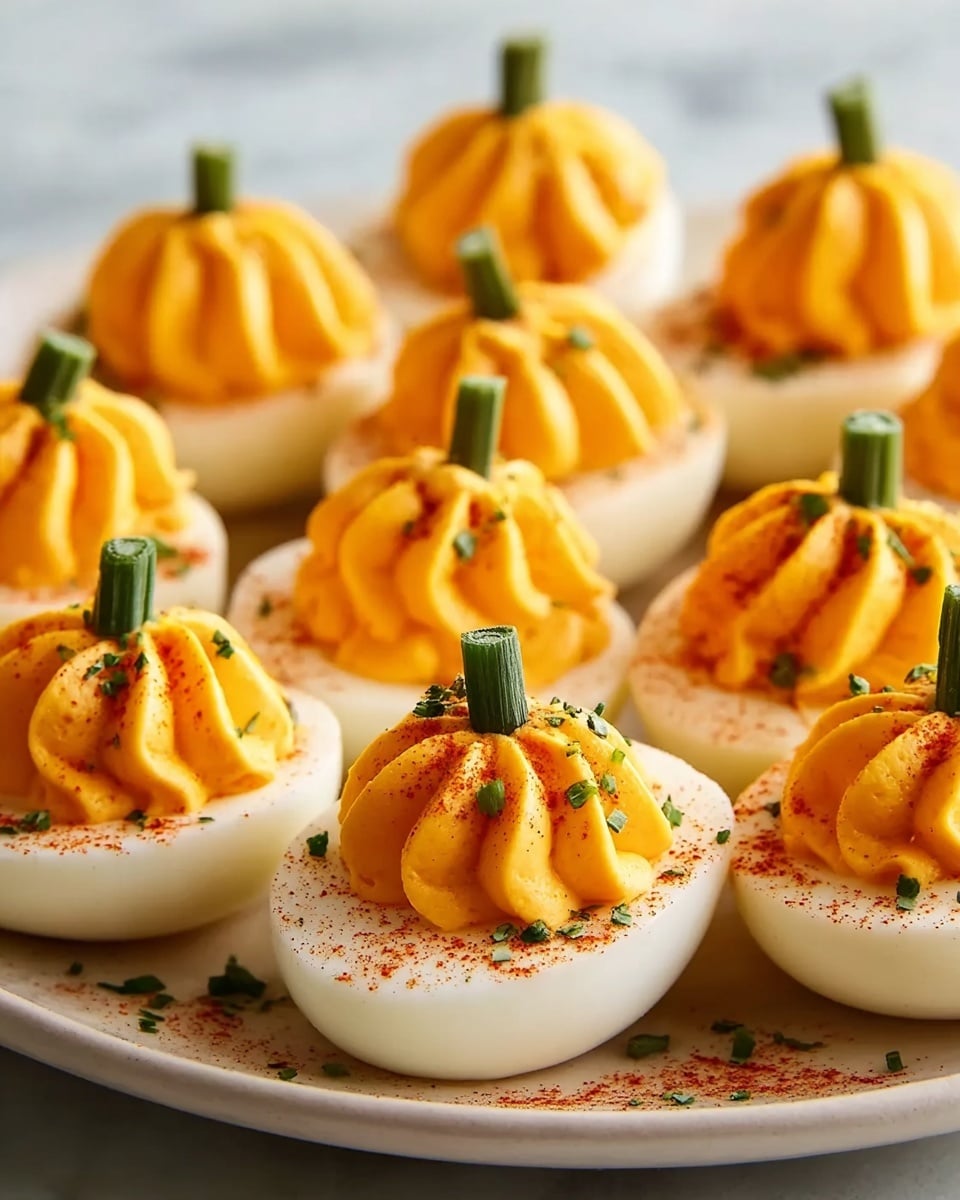 The image shows a plate of deviled eggs arranged closely together on a white marbled surface. Each egg half has a smooth, white base layer of egg white holding a fluffy, bright orange-yellow swirled filling that looks creamy and is shaped like a small pumpkin. The filling is topped with three small vertical green chive pieces to mimic a pumpkin stem, and there is a light sprinkling of red paprika and tiny chopped green herbs on the filling and around the egg white edges. The plate itself is white and slightly rounded, holding the eggs neatly. Photo taken with an iphone --ar 4:5 --v 7