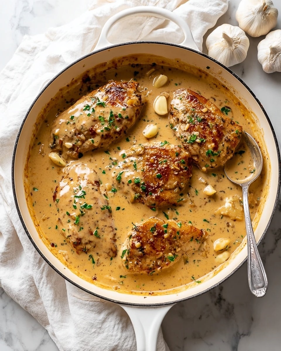 A white cast iron pan filled with four browned chicken breasts covered in a thick, creamy light brown sauce with small bits of herbs throughout. The chicken is partially submerged in the sauce, which also contains whole small garlic cloves scattered around. A silver spoon rests on the right side of the pan, slightly dipping into the sauce. The pan sits on a white marbled surface with a soft, crumpled white cloth under the left handle and three garlic bulbs in the upper right corner. photo taken with an iphone --ar 4:5 --v 7