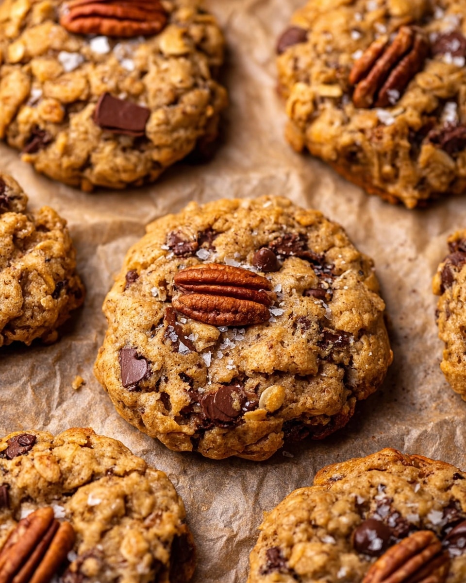 A close-up view of several oatmeal cookies on a crinkled parchment paper, each cookie thick and chunky with a rough, golden-brown texture. The cookies have visible mix-ins including melted dark chocolate chips, whole pecan halves, and shredded coconut sprinkled across the top. The cookie dough shows small oat flakes and nut pieces, creating a chewy, dense look. The image captures the irregular shapes and cracks of the cookies, highlighting their homemade appeal. photo taken with an iphone --ar 4:5 --v 7