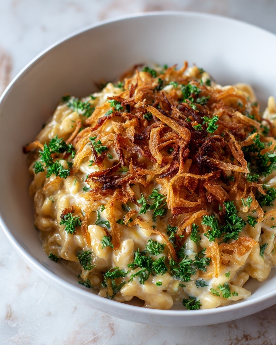 The dish shows a creamy, light golden pasta base with small, short pieces mixed closely together, likely covered in a smooth sauce. On top, there is a generous layer of crispy, dark golden-brown fried onions, scattered unevenly and adding a crunchy texture. Bright green parsley leaves are sprinkled lightly over the entire dish, adding contrast and freshness. The food is served in a deep white bowl, placed on a white marbled texture surface with soft natural light illuminating the scene. photo taken with an iphone --ar 4:5 --v 7