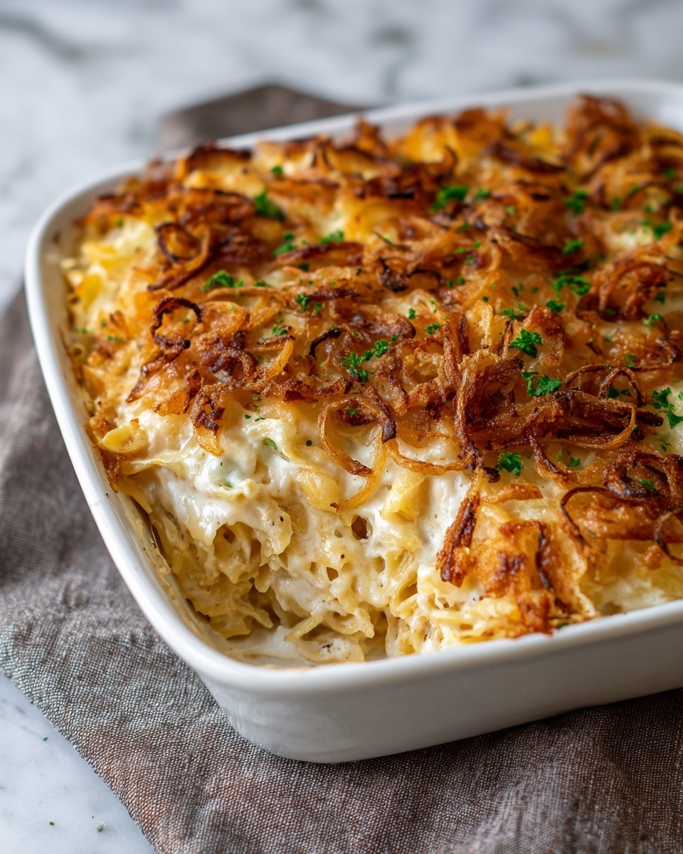 A white dish filled with a baked pasta casserole showing three main layers: the bottom layer is light golden pasta with a soft texture, the middle layer is a creamy white sauce mixed with melted cheese, and the top layer has crispy browned fried onions with scattered small green parsley pieces for color contrast. The edges show some browned spots from baking, and the casserole sits on a textured gray cloth over a white marbled surface. Photo taken with an iphone --ar 4:5 --v 7