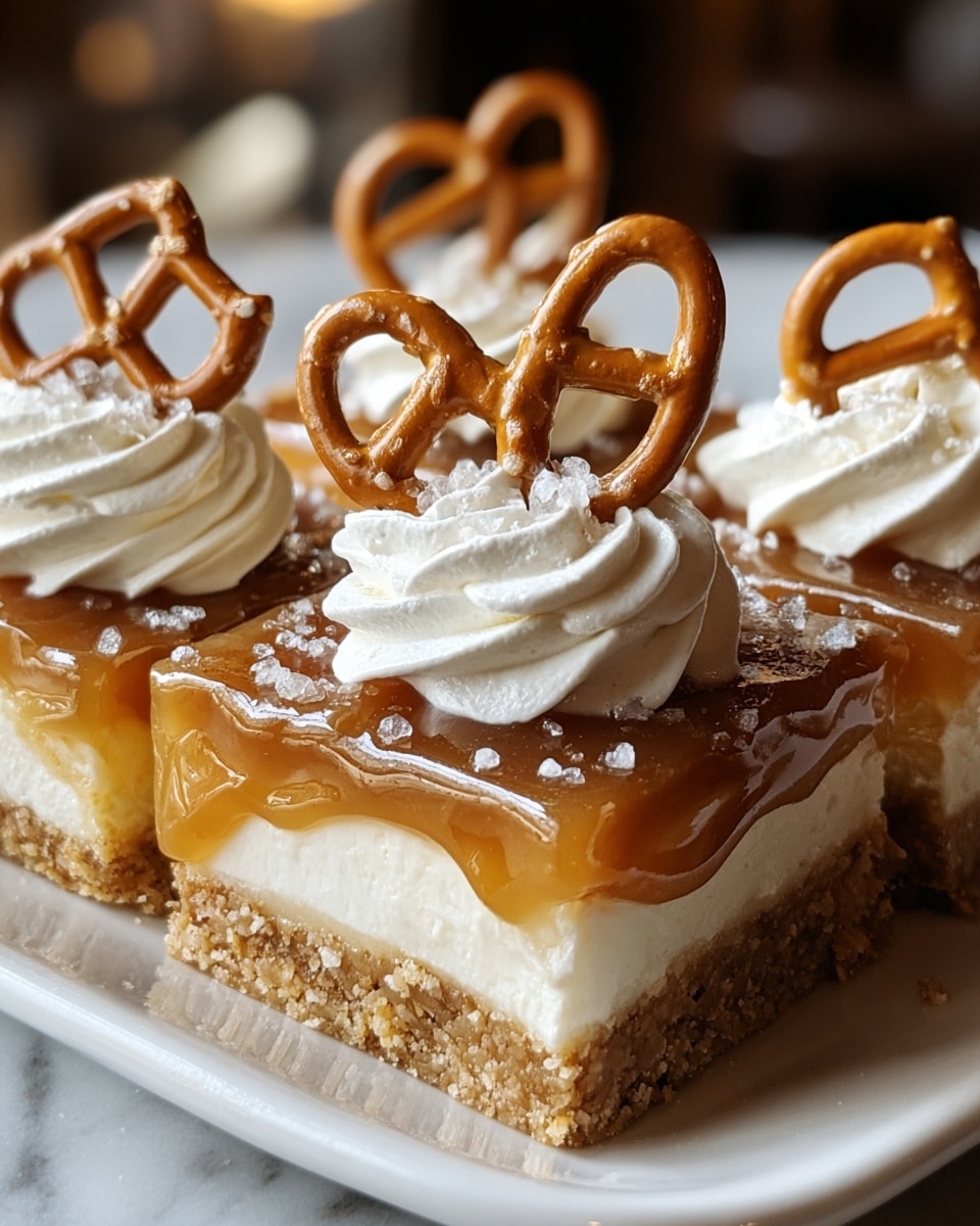A close-up of a dessert bar made of four layered squares on a white plate, placed on a white marbled texture surface. The bottom layer is a crunchy, golden brown crust. Above it is a thick, creamy white layer. The third layer is a glossy, rich caramel sauce that drips slightly down the sides. On top, each square is decorated with a swirl of smooth, white whipped cream, crowned by a small golden brown pretzel sprinkled with coarse white salt crystals. The scene is softly lit, giving the dessert a warm and inviting look. photo taken with an iphone --ar 4:5 --v 7