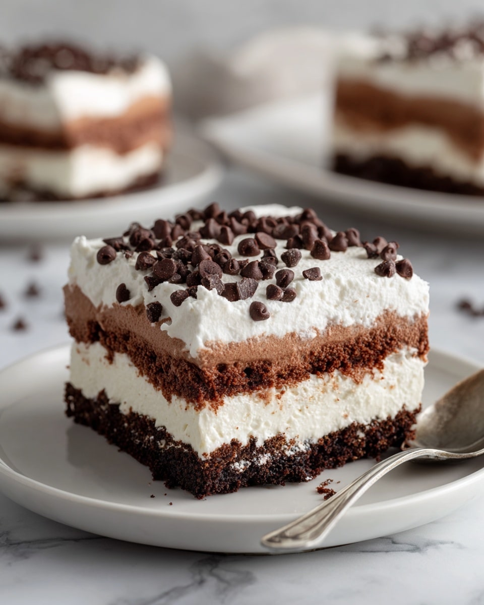 The image shows a multi-layered chocolate dessert with a clear cross-section, revealing four distinct layers. The bottom layer is a dense dark brown cookie crust, crumbly in texture. Above it is a thick, creamy light brown chocolate mousse layer that looks smooth and soft. The third layer is a shiny, darker chocolate ganache with small marshmallow pieces mixed in, adding texture. The top layer is a bright white whipped cream topped with many small, fluffy white mini marshmallows, covering the surface evenly. The dessert is in a white dish, with some crumbs and mini marshmallows scattered at the bottom on a white marbled texture. Photo taken with an iphone --ar 4:5 --v 7