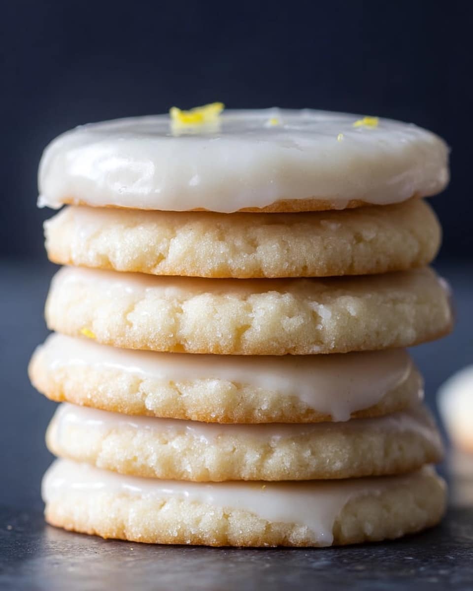 A close-up shot of a stack of five round cookies with a soft, crumbly texture. The cookies are pale off-white, with the top one covered in a smooth layer of white icing that has a glossy finish and a few tiny yellow specks on it. The edges of each cookie are slightly rough and uneven, showing a homemade quality. The stack rests on a dark surface, with a dark background creating a strong contrast against the light cookies. Photo taken with an iphone --ar 4:5 --v 7