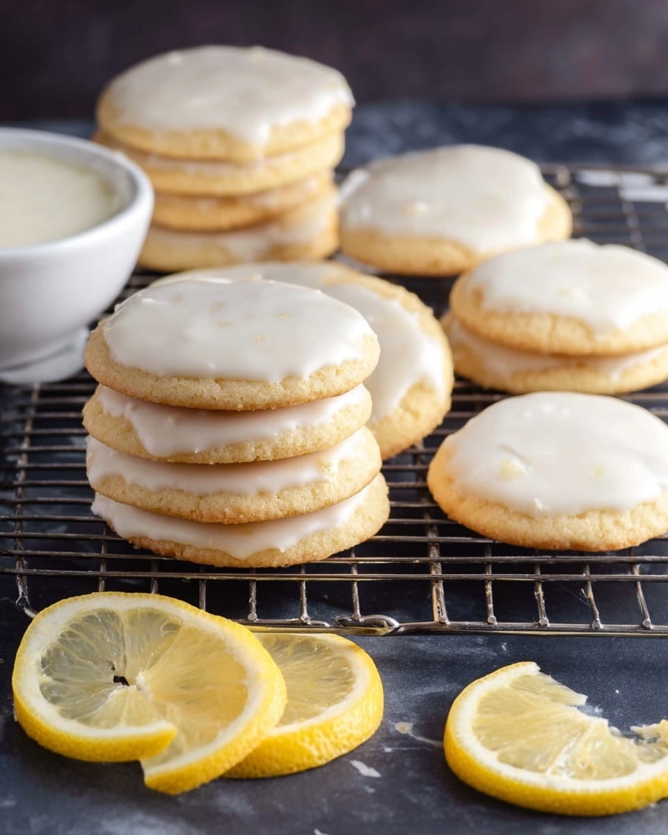 The image shows a group of round sugar cookies with a smooth white icing on top, placed on a wire cooling rack over a dark surface replaced by a white marbled texture. There are about ten cookies on the rack, with one stack of about six cookies without icing in front of the rack. One iced cookie is placed near the stack. Bright yellow lemon slices with their inner segments visible are scattered around the cookies, adding a fresh look. To the left, there is a small white bowl filled with white icing. The cookies have a soft, slightly crumbly texture with a pale golden color under the icing. Photo taken with an iphone --ar 4:5 --v 7