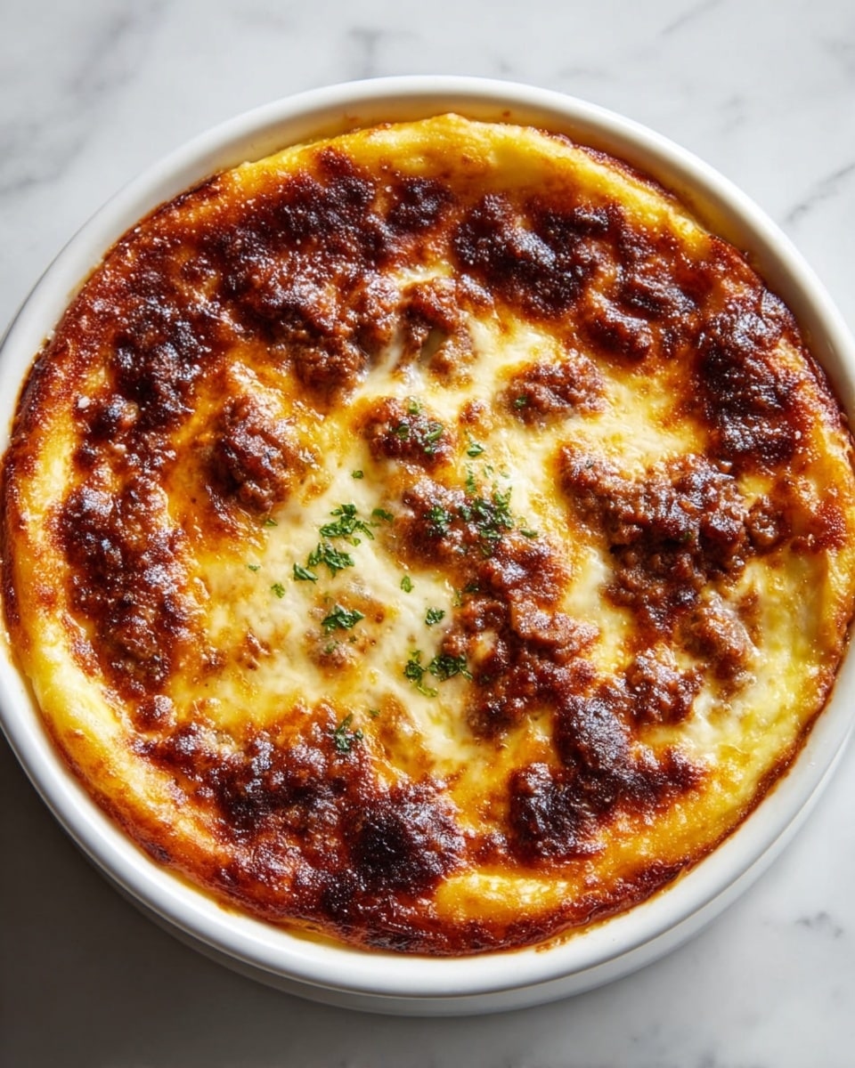 A round dish with a golden-brown top layer that is slightly charred in spots, showing a bubbly, melted texture with patches of darker brown ground meat mixed into a creamy cheese surface underneath; the edges are puffed and browned, creating a slightly raised border around the dish. The dish sits in a white ceramic bowl on a white marbled surface. photo taken with an iphone --ar 4:5 --v 7
