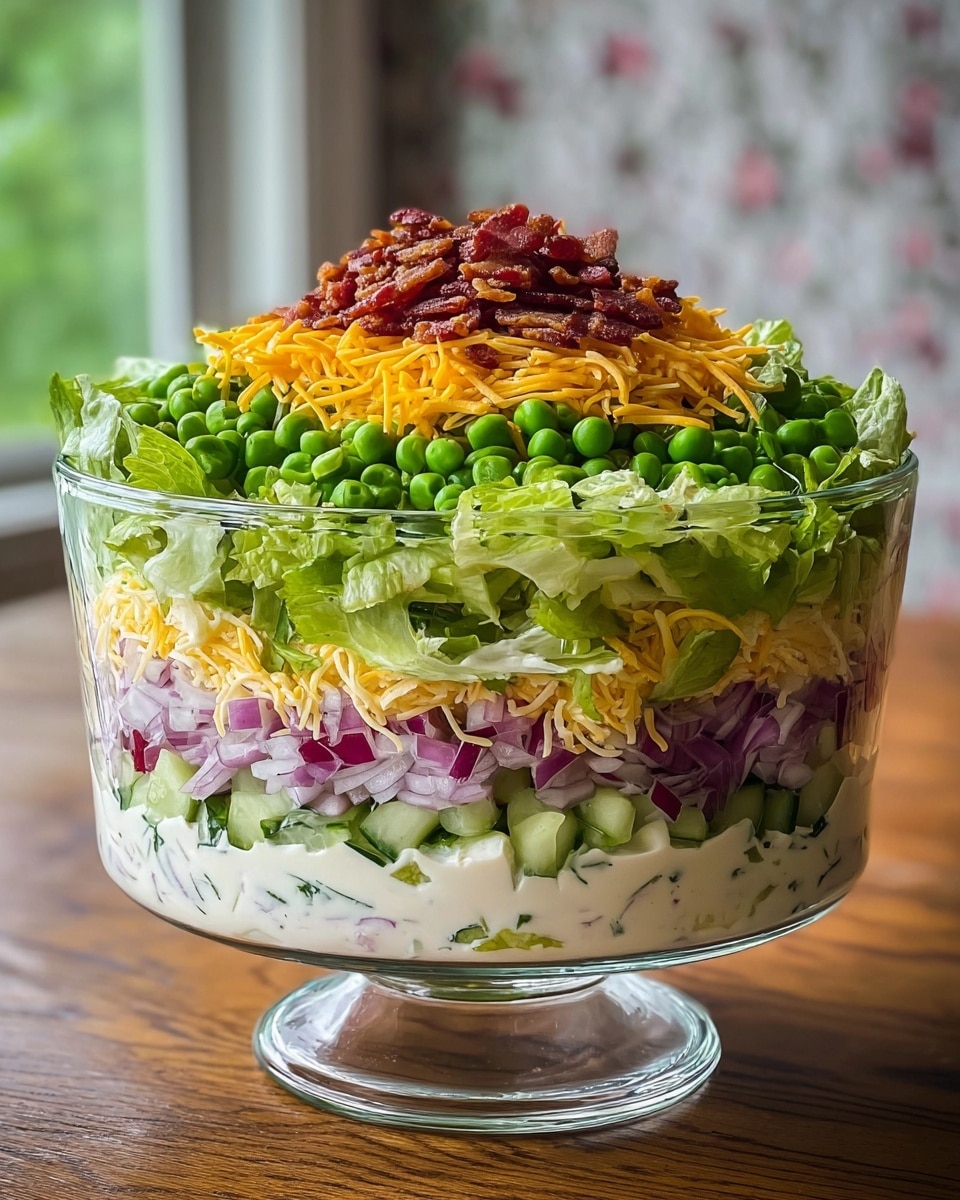 A clear glass bowl holds a multi-layered salad placed on a wood table with a soft, white marbled background. The bottom layer is a creamy white dressing, topped with chopped green cucumbers and lettuce. Above this is another layer of creamy dressing followed by a thin layer of shredded yellow cheese. Next is a layer of finely chopped purple onions, then a thick layer of green leafy lettuce forming the bulk of the salad. The top is garnished with a ring of shredded orange cheese, bright green peas, and a small heap of crispy dark brown bacon bits in the center, adding texture and color contrast. Photo taken with an iphone --ar 4:5 --v 7