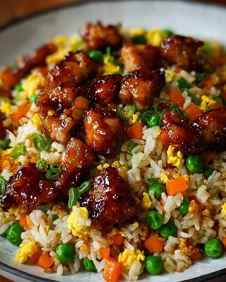 The image shows a close-up of fried rice served in a white bowl, placed on a white marbled surface. The dish has a mix of layers including golden-brown crispy pieces of glazed chicken scattered on top, shiny and textured with a sticky sauce. The rice underneath is light brown and mixed with small bright green peas, orange carrot cubes, and bits of scrambled yellow egg, evenly spread throughout. The different textures and colors create a rich and fresh look, with the glossy chicken pieces standing out against the matte rice and vegetables. photo taken with an iphone --ar 4:5 --v 7
