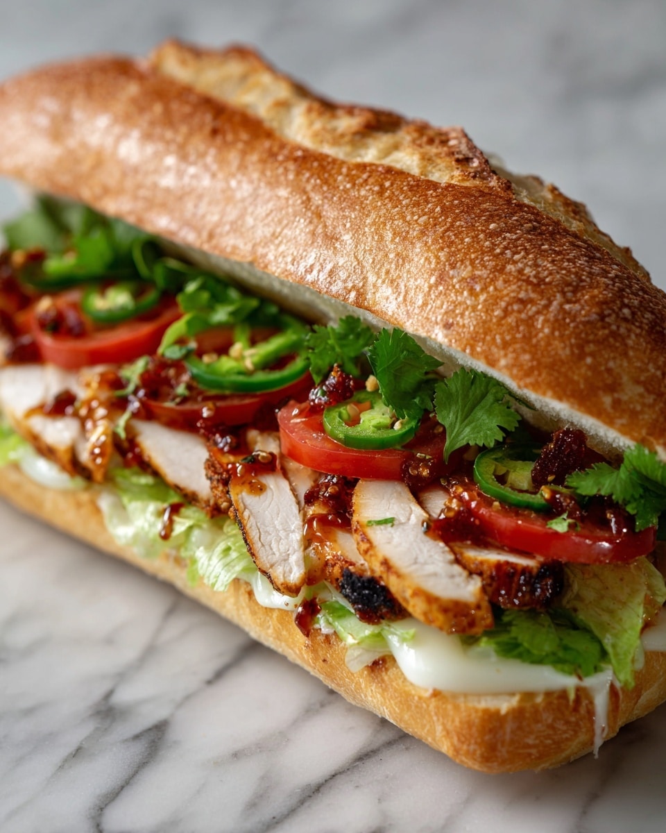 The sandwich is made with a crusty baguette that is golden brown and slightly crispy on the outside, sliced open to reveal its filling. The bottom layer is white melted cheese with a smooth texture, topped with light green leafy lettuce. On top of the lettuce are thick slices of grilled chicken with a brown charred edge and juicy white inside. Above the chicken, there are fresh red tomato slices, and scattered around are green jalapeño slices and fresh cilantro leaves. A reddish-brown sauce is drizzled over the top, adding a glossy finish to the filling. The sandwich is positioned on a white marbled texture surface. photo taken with an iphone --ar 4:5 --v 7