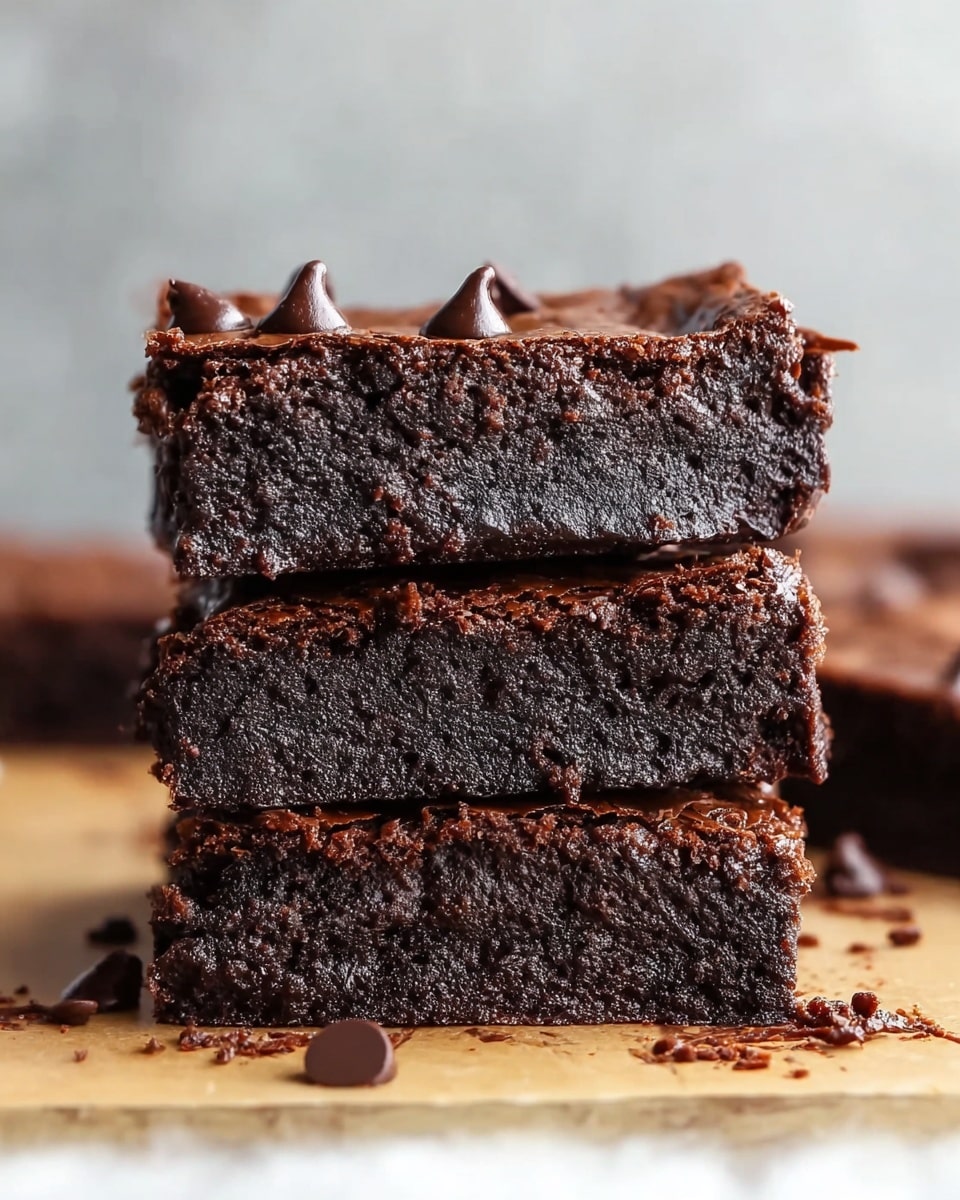 A close-up view of a stack of three thick, dark chocolate brownies placed one on top of the other on a light beige wooden board against a white marbled background. Each brownie has a shiny, slightly cracked top layer with a few chocolate chips scattered on the top brownie. The middle and bottom layers show a moist, dense, and fudgy texture with a deep dark brown color. Small crumbs and chocolate chips are scattered around the base of the stack. Photo taken with an iphone --ar 4:5 --v 7