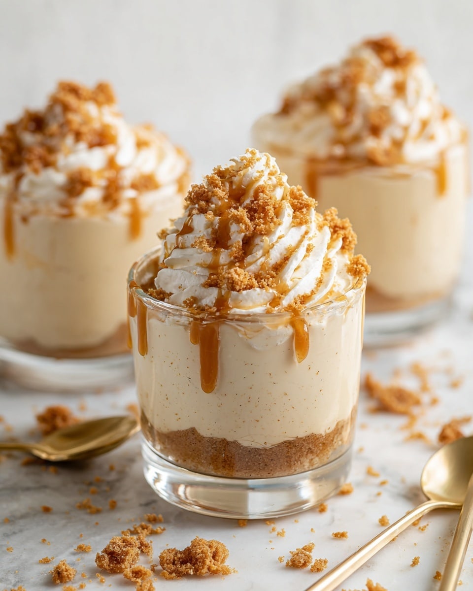 Three clear glass cups each hold a dessert with two layers: the bottom layer is thick, smooth, and creamy light beige, while the top layer is fluffy whipped cream with a soft white color and swirled texture. The whipped cream is sprinkled with crumbled brown cookie pieces and drizzled with caramel sauce that has a glossy golden-brown hue. The cups are placed on a white marbled surface with crumbs scattered around, and there are two gold spoons in the background. The focus is on the front cup, showing detailed texture and drizzle, photo taken with an iphone --ar 4:5 --v 7
