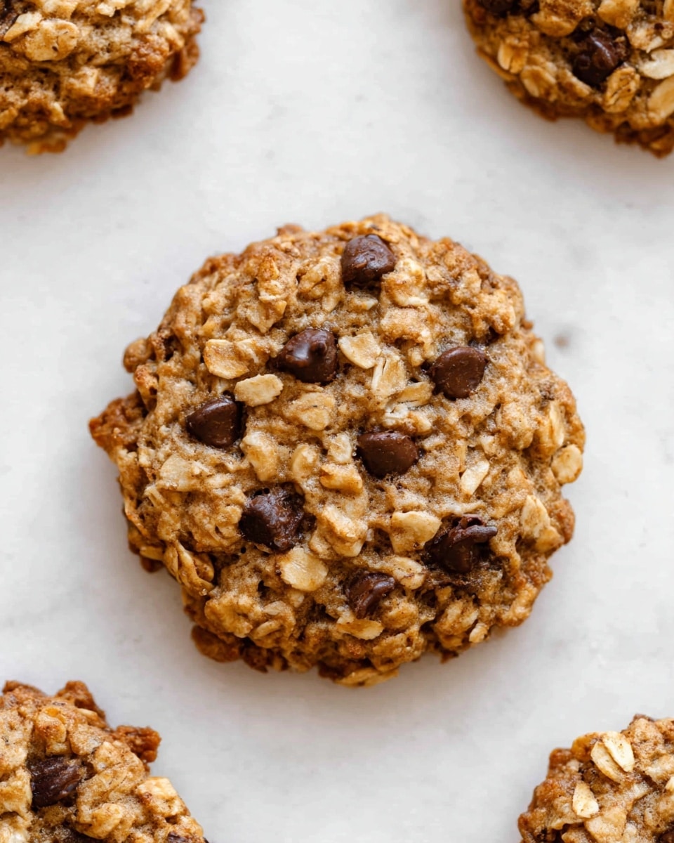 A close-up of a round oatmeal cookie with an uneven textured surface, showing visible layers of light tan rolled oats mixed with dark brown chocolate chips scattered unevenly throughout. The cookie edges are slightly darker and crispier, contrasting with the softer, slightly chunky middle. The cookie sits on a clean white marbled texture with a few more similar cookies barely visible around the edges of the frame. photo taken with an iphone --ar 4:5 --v 7