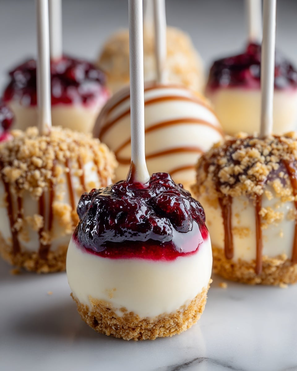 The image shows several round cheesecake pops each on a white stick, arranged closely on a white marbled surface. Each pop has three layers: the bottom third is a crumbly golden crust that also coats parts of the base’s sides, the middle third is a smooth creamy white cheesecake layer, and the top third is a glossy dark red fruit topping with visible berries, covered with coarse crumb topping. In the background, some pops have a white layer with thin caramel-colored stripes and crumb coating on the base. The focus is sharp on the front cheesecake pop, making the texture and colors clear while the others softly blur behind it. Photo taken with an iphone --ar 4:5 --v 7