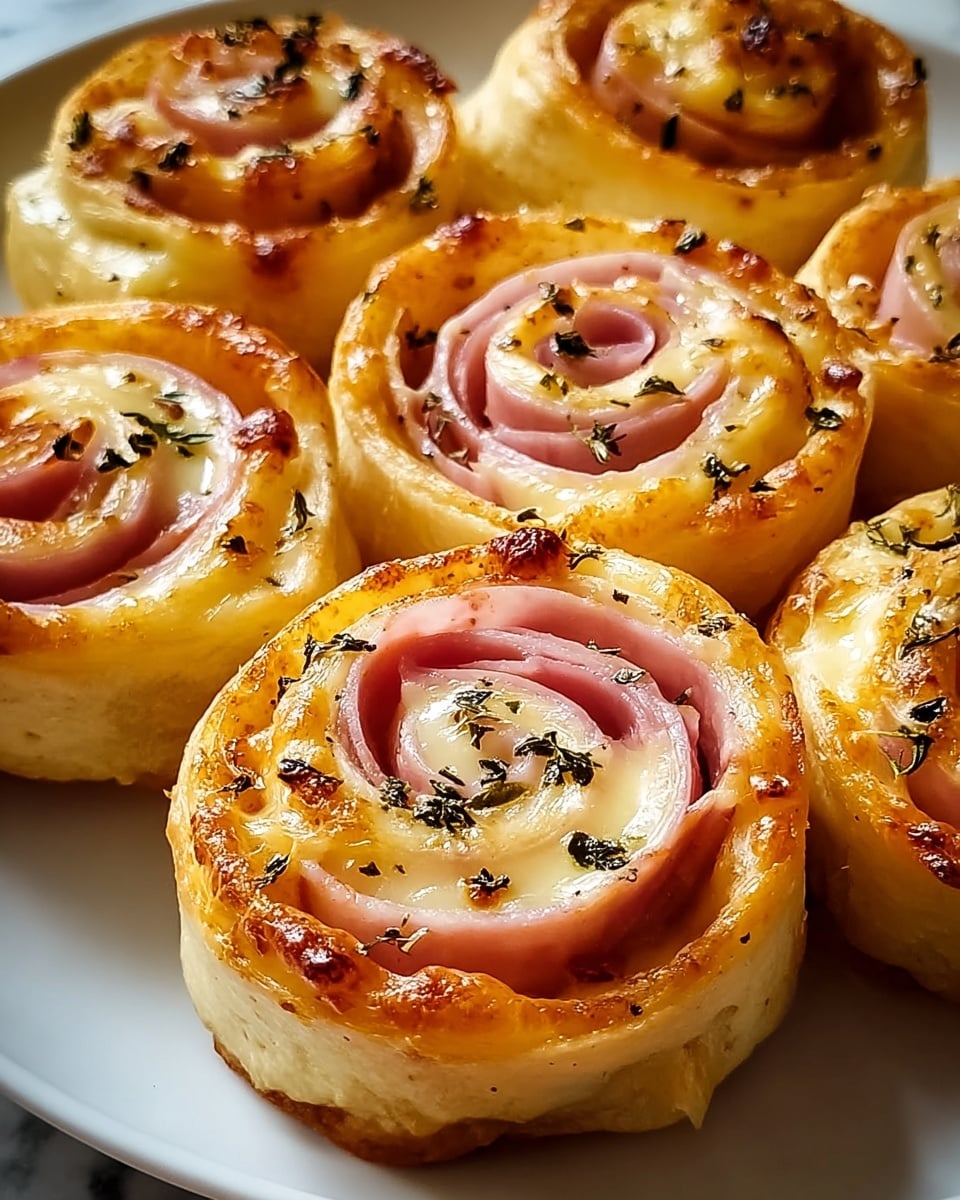 The image shows several ham and cheese pinwheel rolls arranged closely on a white plate, placed on a white marbled surface. Each roll has around four to five spiral layers: the outermost dough layer is golden brown with a slight crisp texture, the middle creamy layer of melted cheese is smooth and light yellow, and inside is a pink slice of ham curled in the center. Tiny black and green herbs are sprinkled evenly on the tops of each roll, adding texture and color contrast. The rolls have a soft, fluffy look on the sides with a shiny glaze on top. The photo taken with an iphone --ar 4:5 --v 7