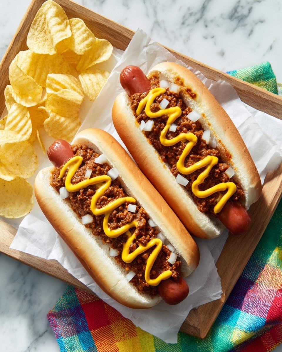 Two hot dogs on white buns sit side by side on white parchment paper atop a wooden tray, on a white marbled surface. Each hot dog has a layer of brown chili spread evenly over the sausage, topped with a zigzag of bright yellow mustard and a sprinkle of finely chopped white onions. To the left of the hot dogs, there is a pile of light yellow potato chips. A colorful checkered cloth in red, green, yellow, and blue is partially visible under the tray. Photo taken with an iphone --ar 4:5 --v 7