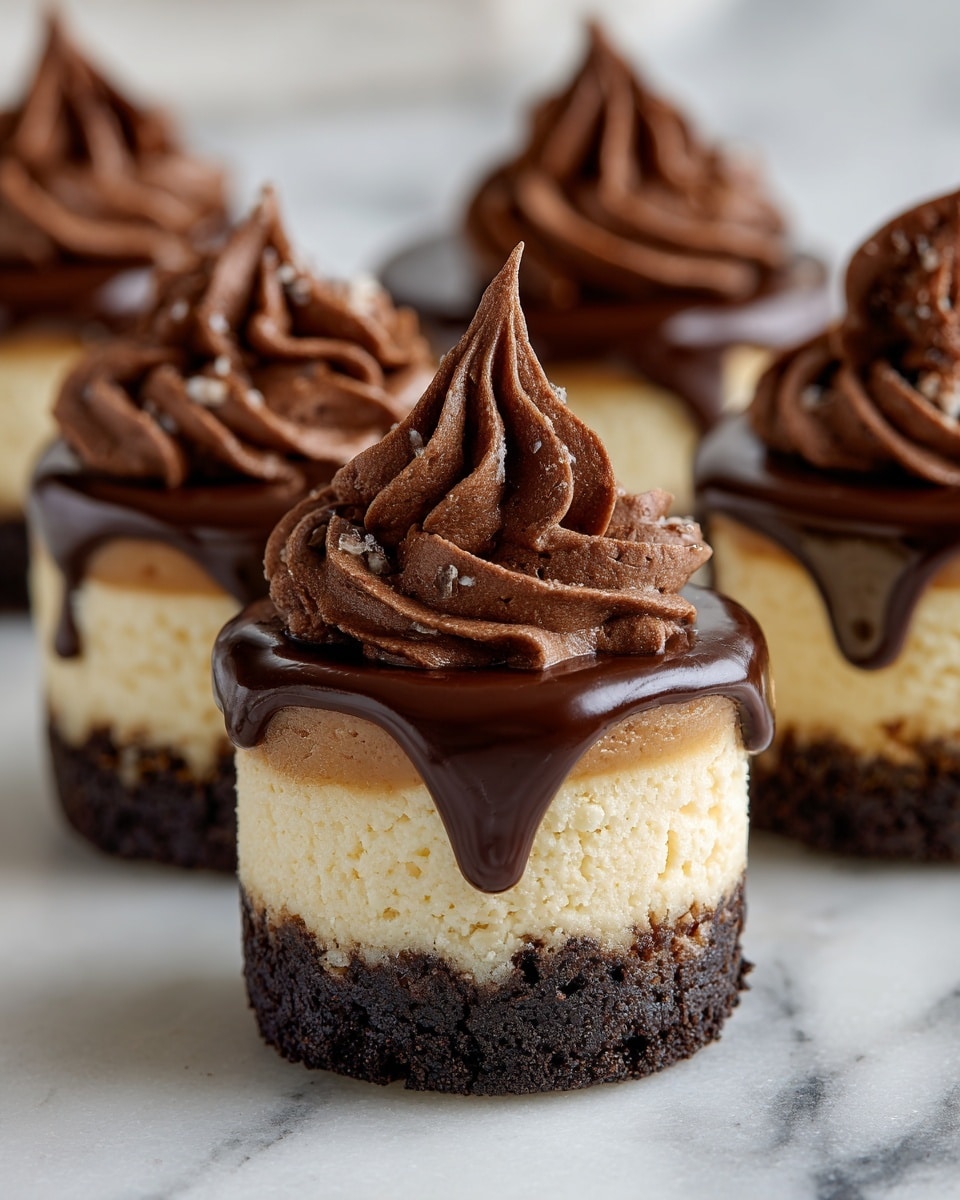 The image shows small layered desserts with three visible layers. The bottom layer is dark brown and crumbly, resembling a chocolate cookie crust. The middle layer is creamy and light beige, smooth in texture like cheesecake. The top layer is a glossy chocolate ganache that drips slightly over the edge. Each dessert is crowned with a swirl of rich, dark chocolate frosting puckered into tall, soft peaks. The desserts are grouped closely together on a white marbled surface. Photo taken with an iphone --ar 4:5 --v 7