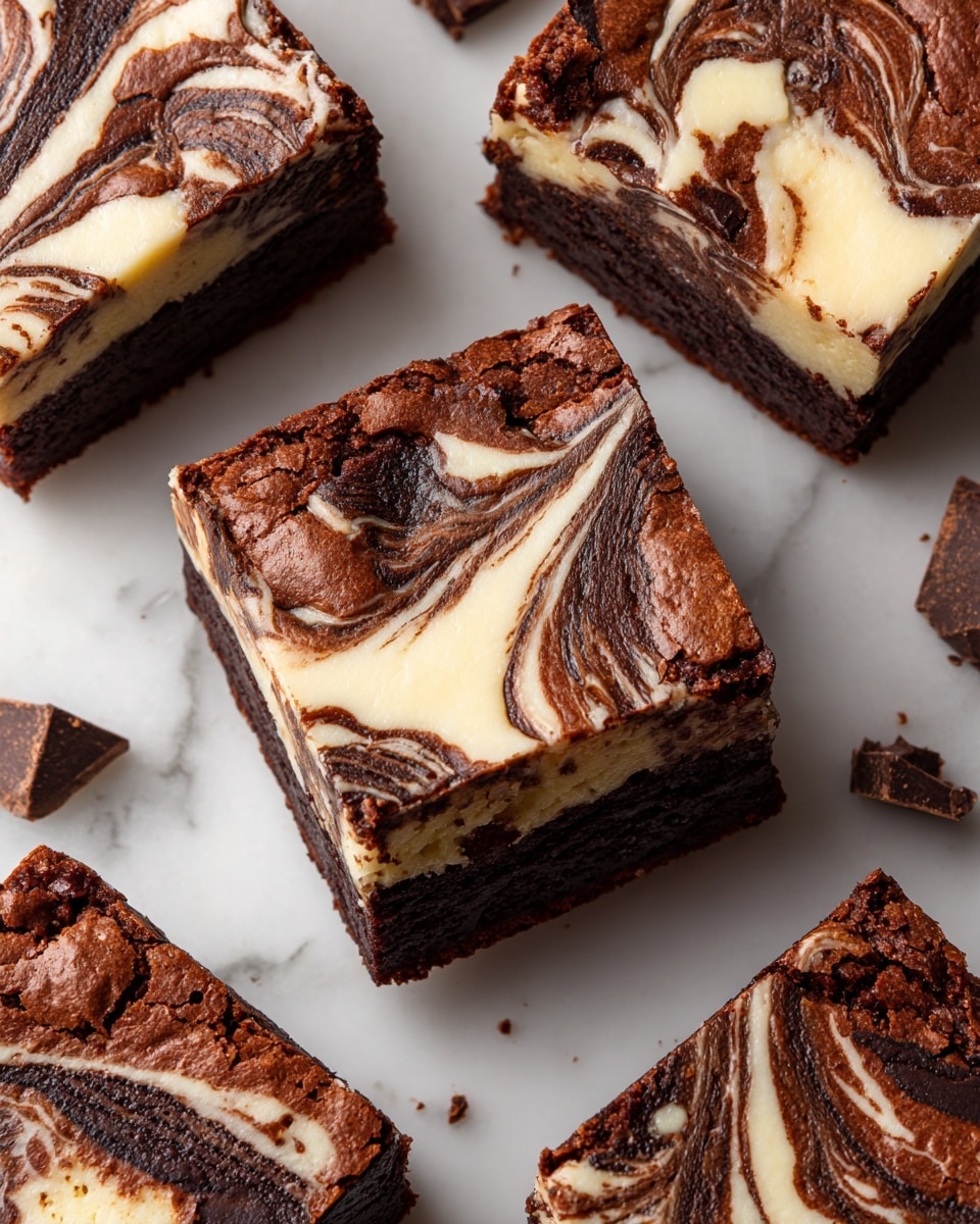 The image shows thick square brownie pieces with two main layers: a dark chocolate base layer and a creamy white layer on top with dark chocolate swirled through it, creating a marbled pattern. The brownies have a moist and dense texture, with the swirls on top looking shiny and smooth. They are closely arranged on a white marbled surface, and some small chocolate bits are visible around the edges. Photo taken with an iphone --ar 4:5 --v 7