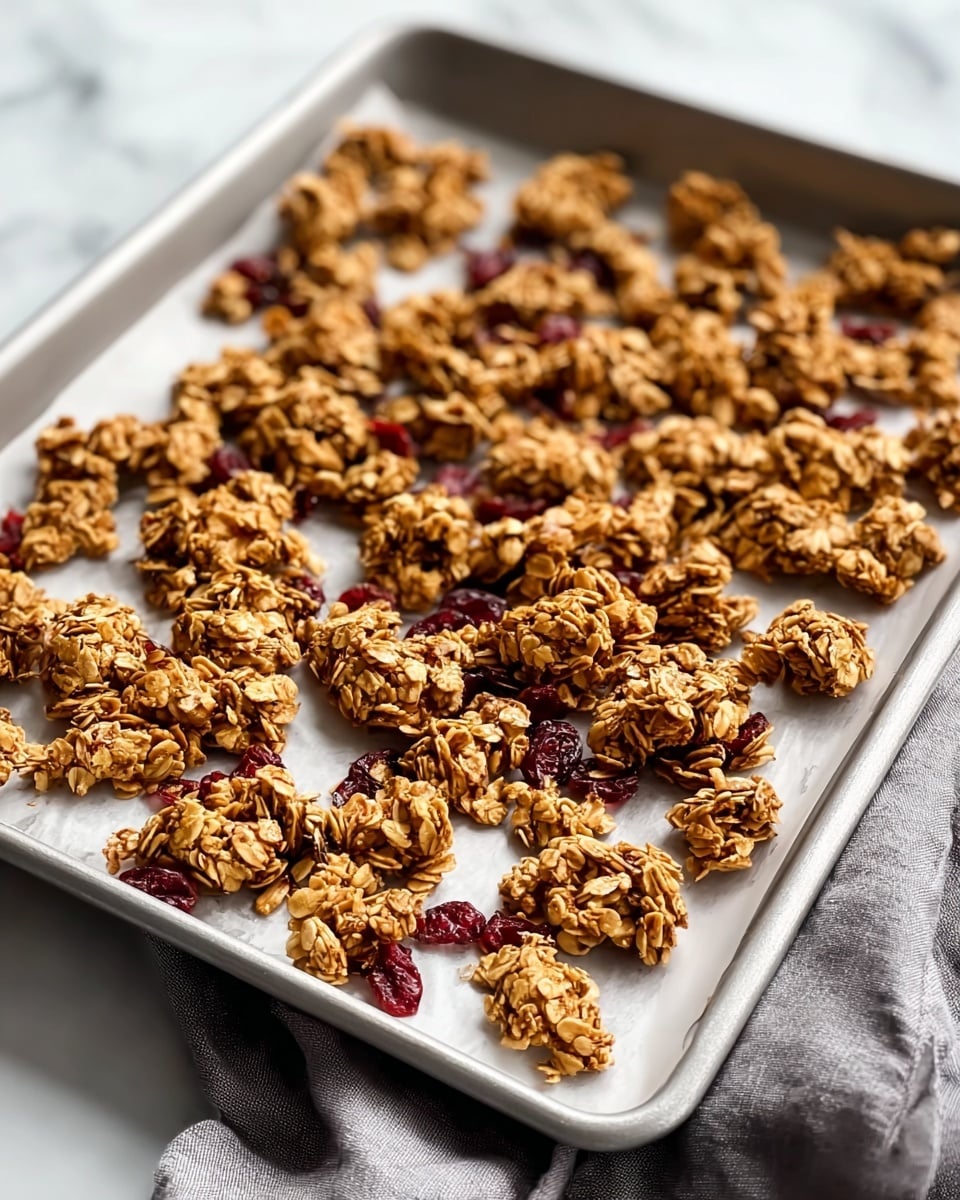 The image shows a metal baking tray lined with white parchment paper on a white marbled surface. On the tray, there are uneven clusters of golden-brown granola made of oats, with some pieces containing red dried cranberries scattered throughout. The granola pieces are rough in texture, with visible oats and chewy clusters that add a crunchy look. A gray cloth peeks from the corner underneath the tray, and the lighting highlights the crisp edges and toasted parts of the granola. Photo taken with an iphone --ar 4:5 --v 7