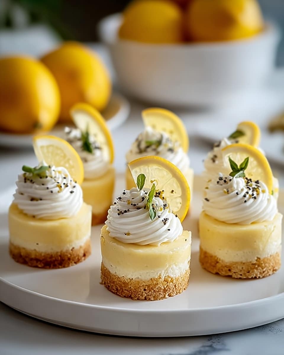 The image shows six small, round lemon cakes on a white plate. Each cake has three layers: a bottom crumbly golden crust, a thick middle pale yellow lemon filling, and a top layer of white whipped cream shaped in a swirl. On top of the cream, there is a thin lemon slice and small green herb leaves, with tiny black poppy seeds sprinkled over the cream. The plate rests on a white marbled surface, and there is a bowl of whole lemons blurred in the background. photo taken with an iphone --ar 4:5 --v 7