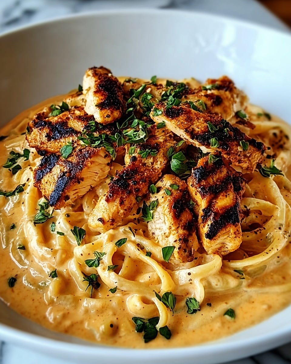 A plate shows creamy pasta with a smooth light orange sauce as the base layer, covered by a generous amount of grilled chicken pieces with golden brown and slightly charred edges on top. Small green herb leaves are scattered over the chicken, adding fresh color contrast. The white plate sits against a white marbled texture background. Photo taken with an iphone --ar 4:5 --v 7