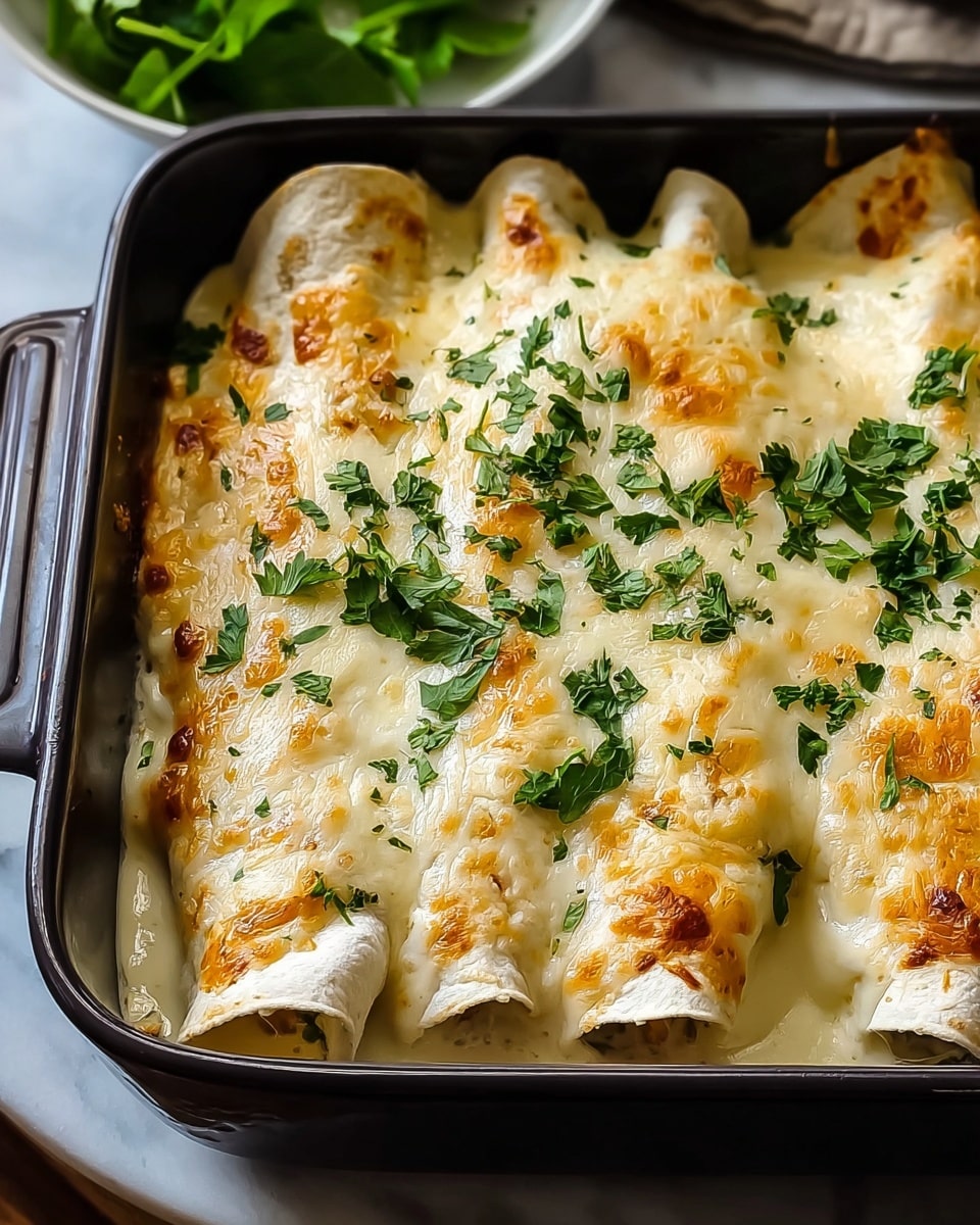 A dark rectangular baking dish holds four rolled enchiladas layered from the bottom with soft, light beige tortillas, then filled and covered with a smooth, creamy white sauce. The top layer is a golden-brown melted cheese that is slightly bubbly and browned in spots, giving a toasted effect. Fresh green chopped parsley is scattered evenly on top, adding a bright contrast. The dish sits on a white marbled surface with a blurred small white plate of greens in the background. Photo taken with an iphone --ar 4:5 --v 7