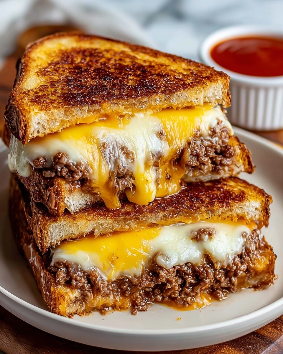 A close-up of a stacked grilled sandwich on a white plate showing two layers; the top and bottom layers are golden-brown toasted bread with a crispy texture, the middle layers contain melted yellow and white cheese dripping slightly over a layer of finely chopped savory browned meat. The sandwich is thick and juicy with cheese stretching between the cut halves. Behind the sandwich, a white ramekin with red sauce is partially visible, all set on a white marbled textured surface. photo taken with an iphone --ar 4:5 --v 7