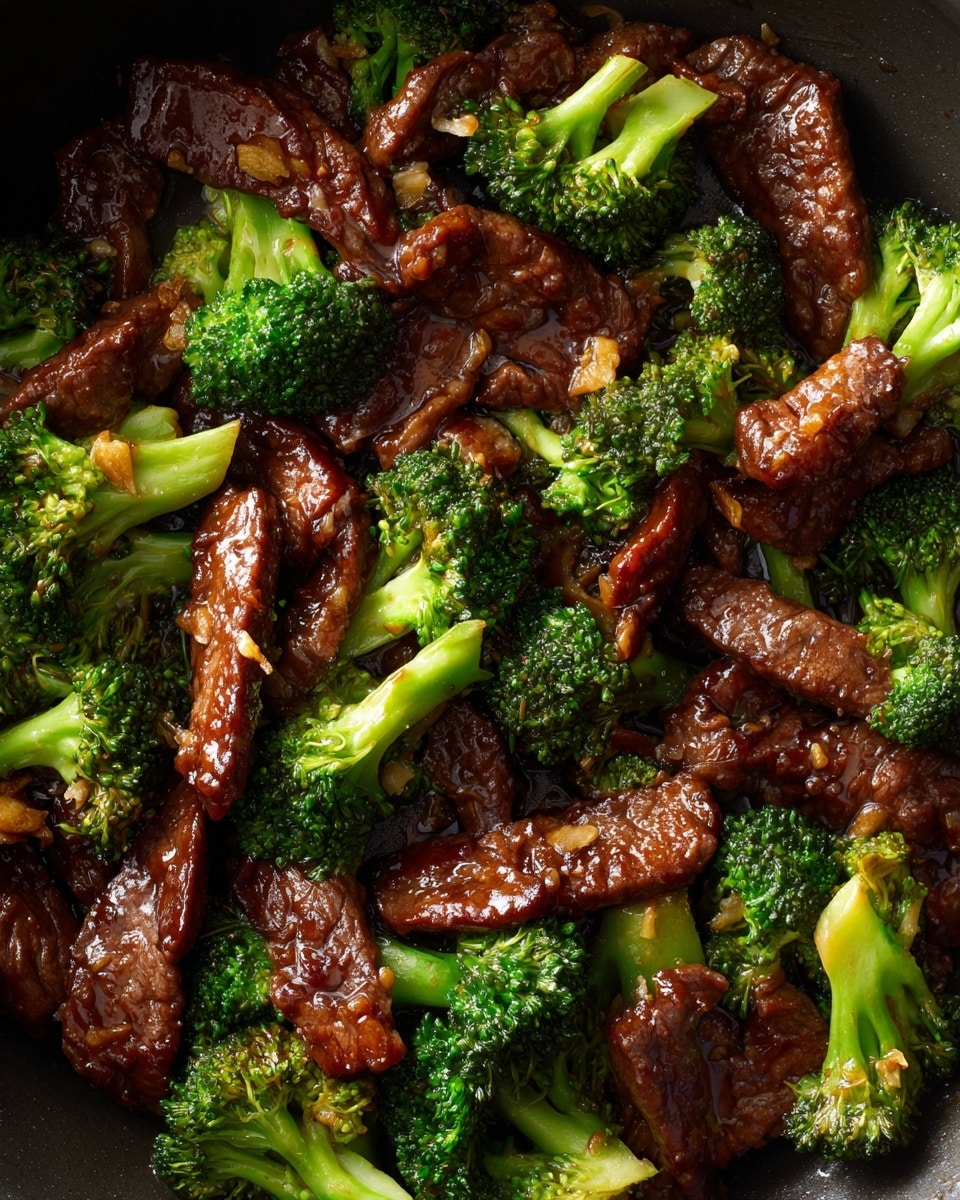 The image shows a close-up of a stir-fry dish in a black pan, featuring thin, dark brown slices of beef mixed with bright green broccoli florets. The beef has a glossy texture from the thick, shiny brown sauce coating each piece, while the broccoli pieces are slightly cooked with a fresh crisp look. Small bits of minced garlic or ginger are scattered throughout, adding texture contrast. The ingredients are evenly distributed across the pan, showing a hearty and rich combination of colors and textures. Photo taken with an iphone --ar 4:5 --v 7