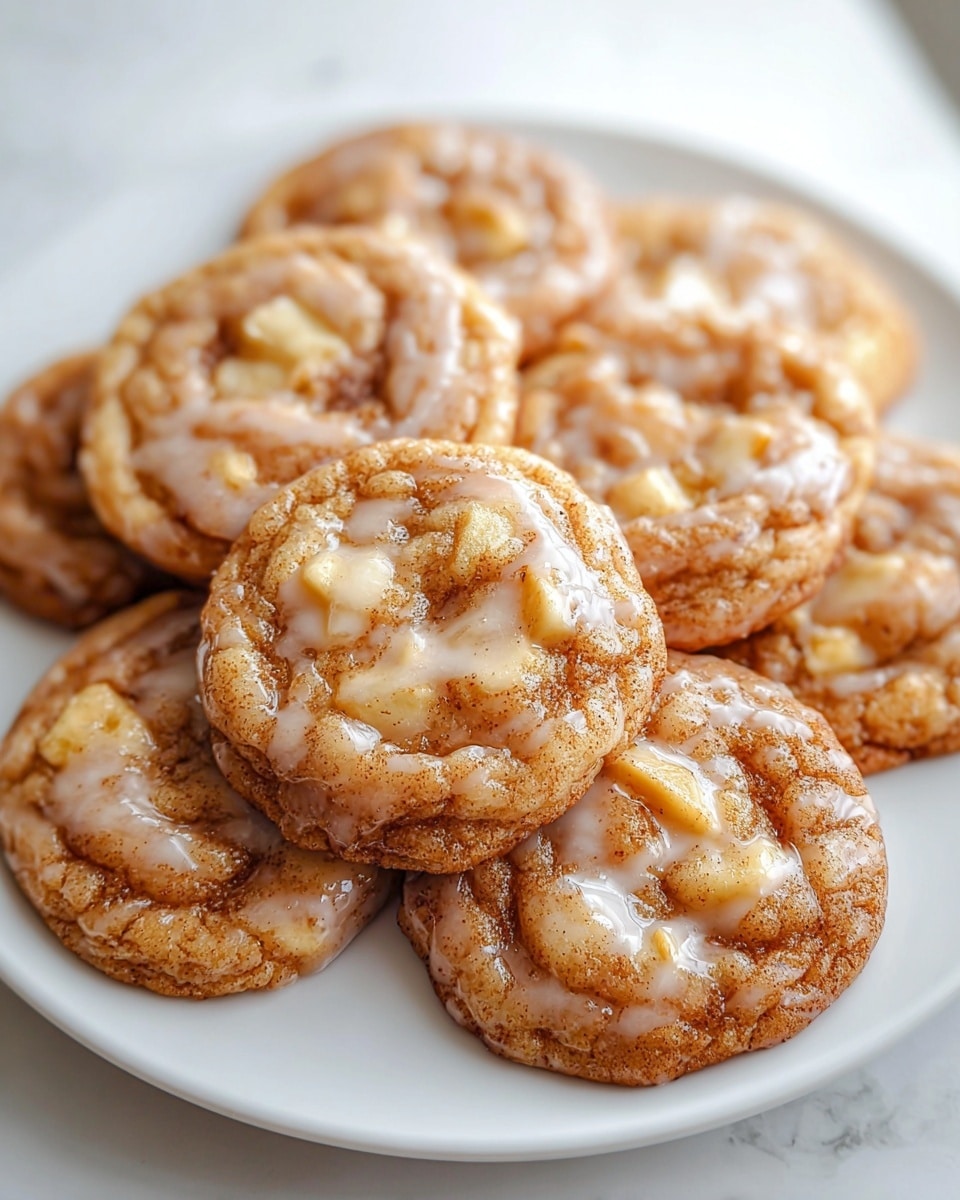 The image shows a white plate holding seven soft, golden-brown cookies with a slightly bumpy texture. Each cookie has a glossy, semi-transparent layer of icing drizzled unevenly on top, with visible specks of cinnamon or spice scattered across the surface. Light beige chunks, possibly pieces of apple or another fruit, are embedded in the cookies, creating small raised areas with a shiny coating. The cookies are arranged closely together, with the focus on the front ones, making their warm, slightly cracked surfaces and glistening icing very clear. The plate sits on a white marbled surface. photo taken with an iphone --ar 4:5 --v 7