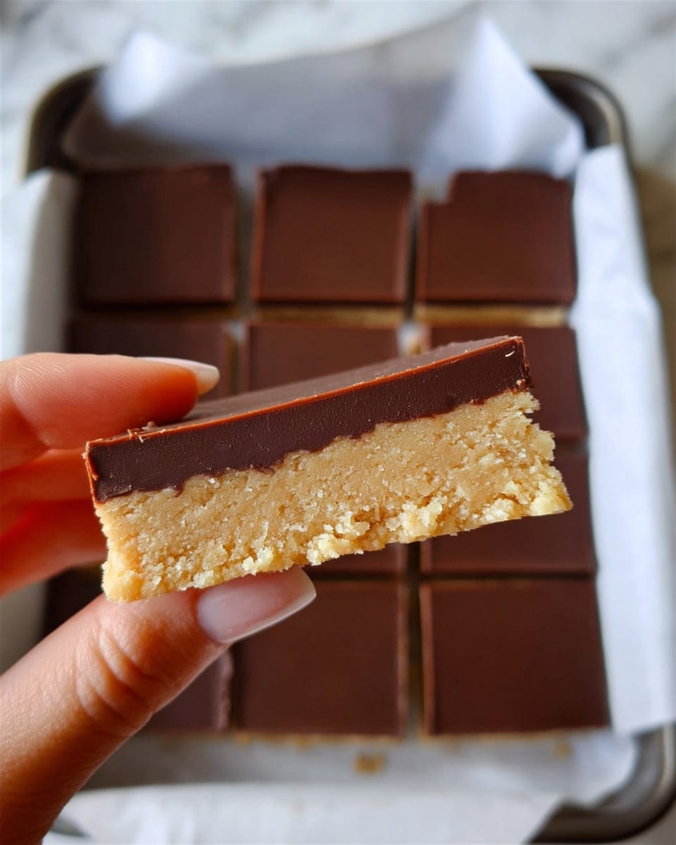 The image shows a close-up slice of a two-layer dessert bar held between woman's hand fingers. The bottom layer is thick, crumbly, and light beige, resembling a cookie or peanut butter base with a coarse texture. The top layer is a smooth, glossy, dark brown chocolate layer that is even and thick, covering the entire base. In the background, a white parchment-lined tray holds the rest of the cut chocolate bars, which are divided into square pieces on a white marbled surface. photo taken with an iphone --ar 4:5 --v 7