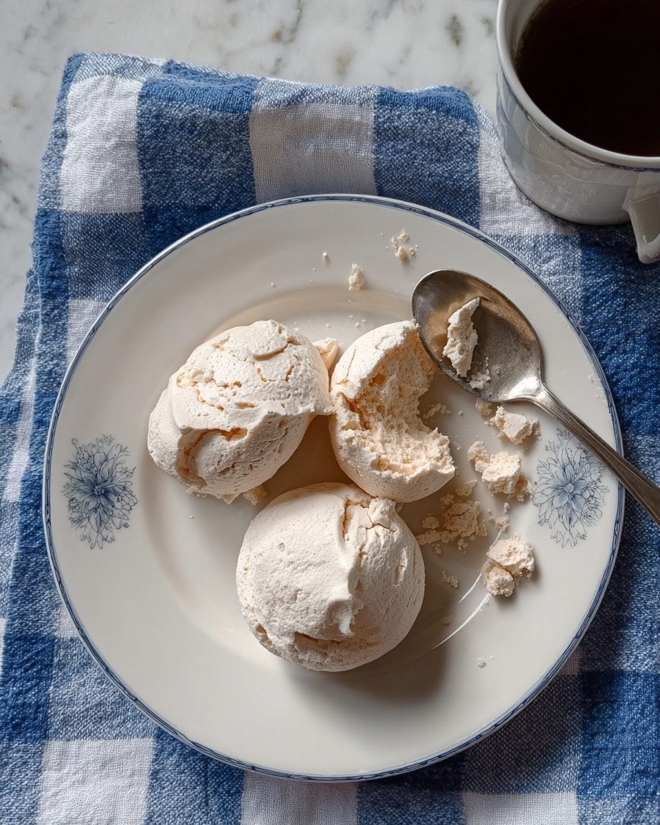 Three light beige meringue cookies with a rough, airy texture sit on a white plate with a thin blue rim and a delicate floral pattern in the center; one meringue is broken with crumbs scattered nearby. The plate rests on a blue and white checkered cloth, with a silver spoon placed at the top right and part of a white mug filled with dark liquid visible on the top left. The scene is set on a white marbled texture. photo taken with an iphone --ar 4:5 --v 7