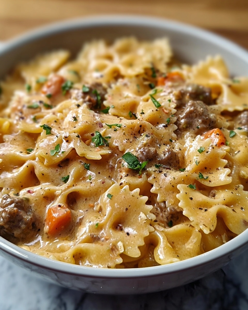 A close-up of a bowl filled with creamy pasta featuring farfalle shapes coated in a rich, pale orange sauce mixed with small chunks of browned meat and pieces of orange carrot, topped with small green herb leaves and black pepper specks scattered across the dish. The bowl is white, sitting on a white marbled surface, with the focus on the creamy texture and the contrast between the sauce, pasta, and meat. photo taken with an iphone --ar 4:5 --v 7