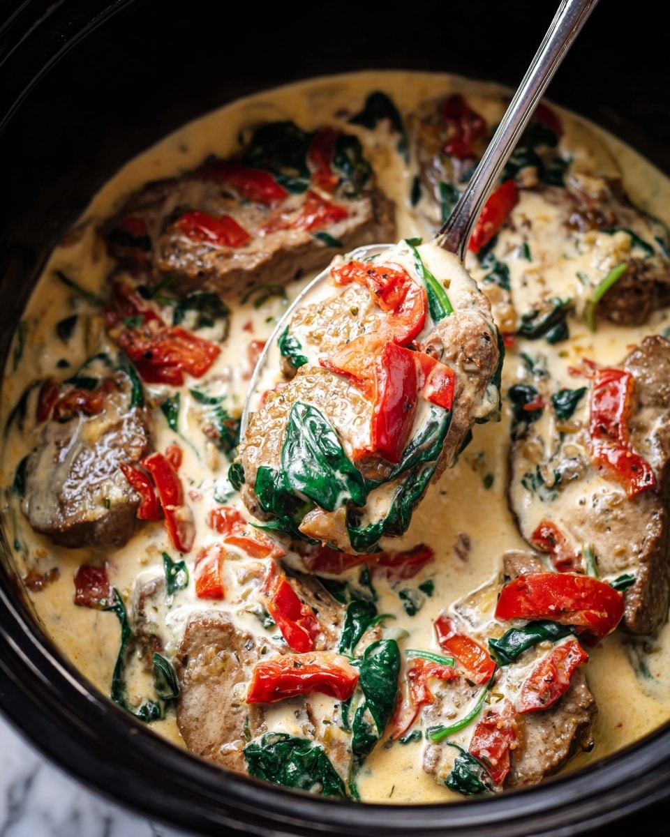 A close-up view of a creamy dish in a black pot, featuring several thick pieces of browned meat as the base layer, each covered with a creamy white sauce scattered with bright red chunks of roasted peppers and dark green spinach leaves. The sauce looks rich and smooth, coating the meat and vegetables evenly. A silver spoon is lifting a portion of the dish, showing a detailed mix of tender meat, sauce, red pepper pieces, and spinach resting on top. The background is a white marbled texture. photo taken with an iphone --ar 4:5 --v 7