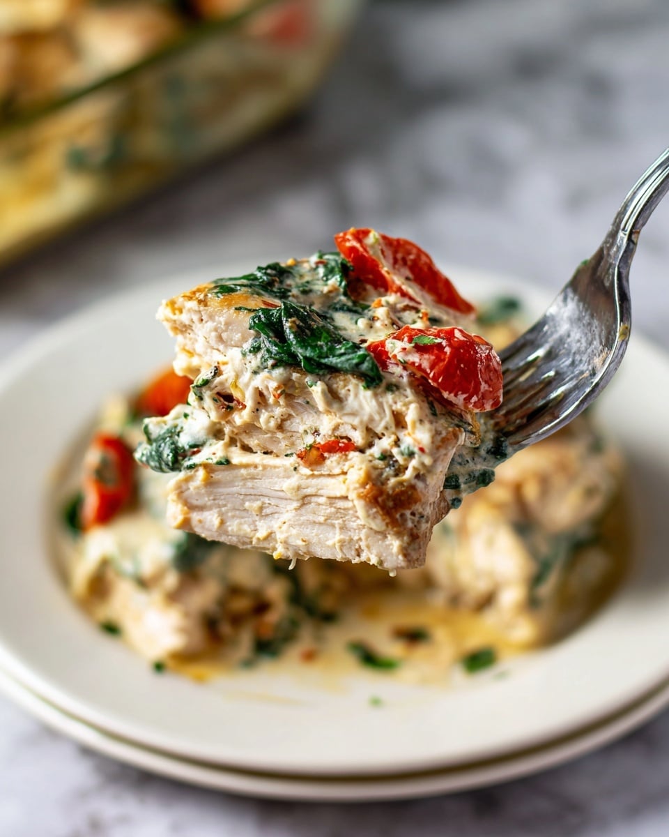 A piece of creamy chicken dish held upright on a silver fork, showing three main layers: the bottom layer is tender, light brown cooked chicken, the middle layer is a white creamy sauce with herbs mixed in, and the top layer has bright green spinach leaves and small red tomato pieces. The background has a white plate with more of the chicken and creamy sauce mixture, placed on a white marbled texture. Photo taken with an iphone --ar 4:5 --v 7