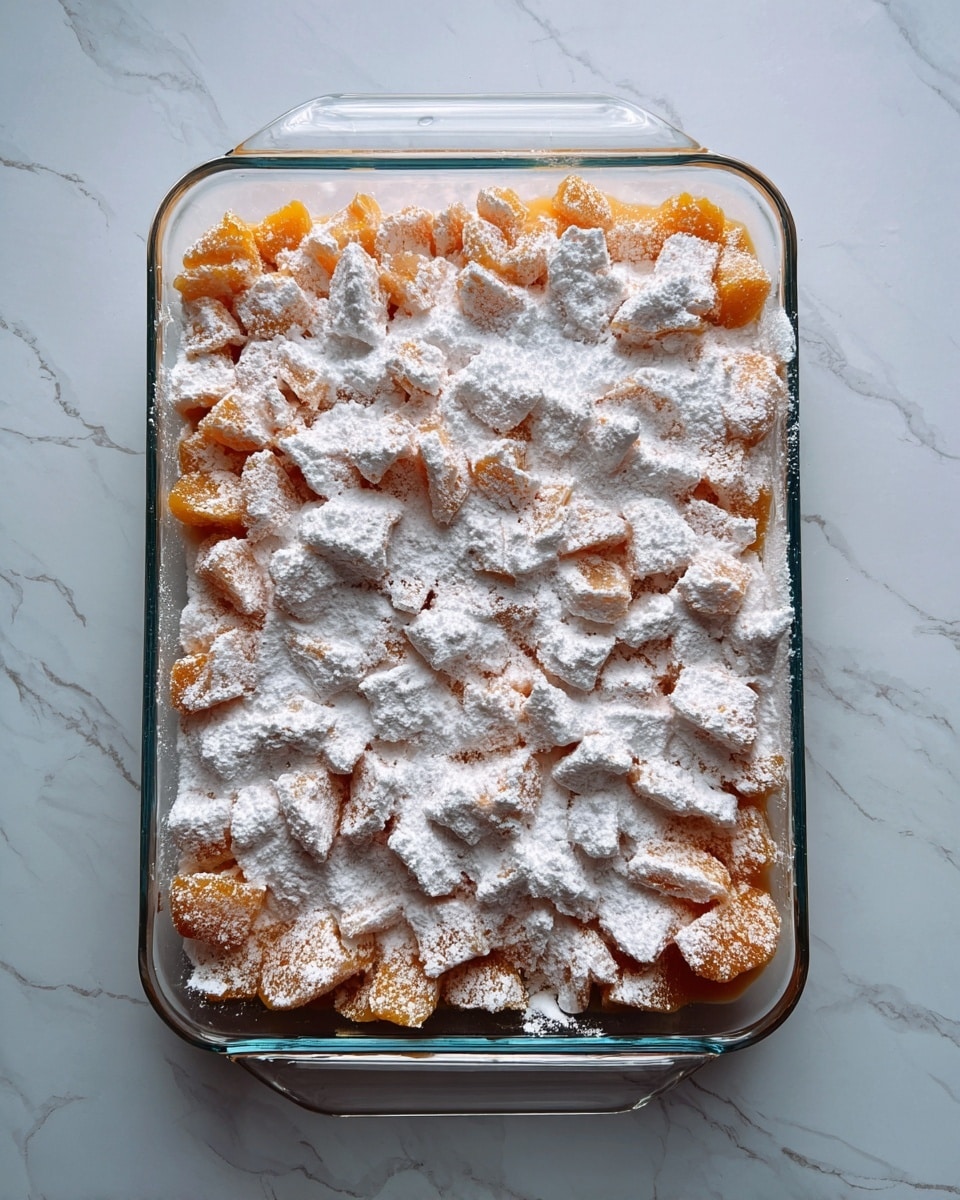 A clear rectangular glass baking dish filled with a single layer of small, irregular peach pieces covered evenly with a thick layer of white powdered sugar, creating a soft, snowy texture on top. The dish is placed on a white marbled textured surface. Photo taken with an iphone --ar 4:5 --v 7