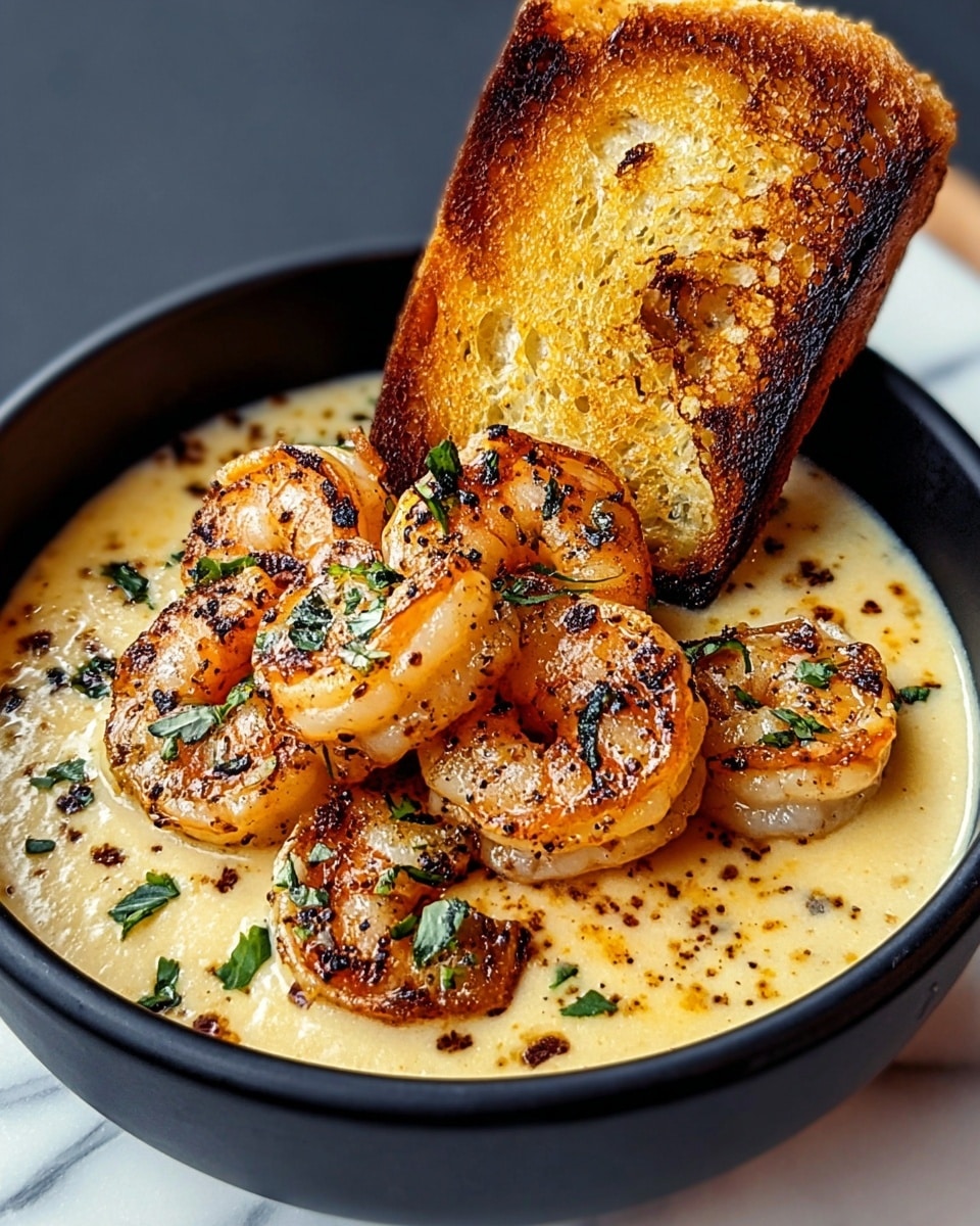 A black bowl filled with creamy white sauce as the base layer, speckled with black pepper and herbs. On top, there are about eight large shrimp with a grilled look, showing light pink and orange stripes and garnished with chopped green parsley. A toasted slice of bread with a golden brown crust leans inside the bowl on one side. A woman's hand is holding the bowl, and the background shows a blue swimming pool and outdoor furniture, with a white marbled texture beneath. photo taken with an iphone --ar 4:5 --v 7